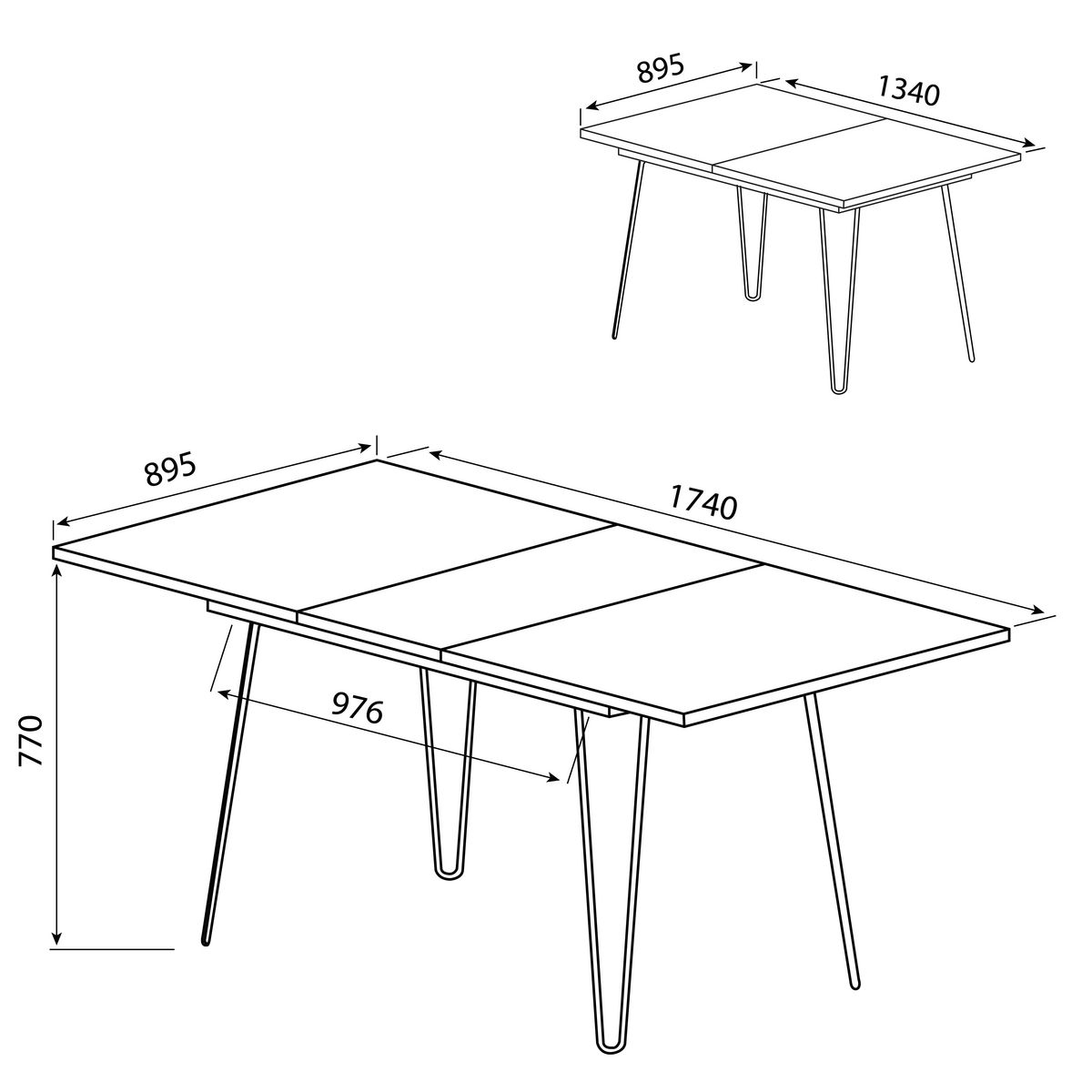 Table de salle à manger extensible pieds métal épingles L134/174cm SMITH