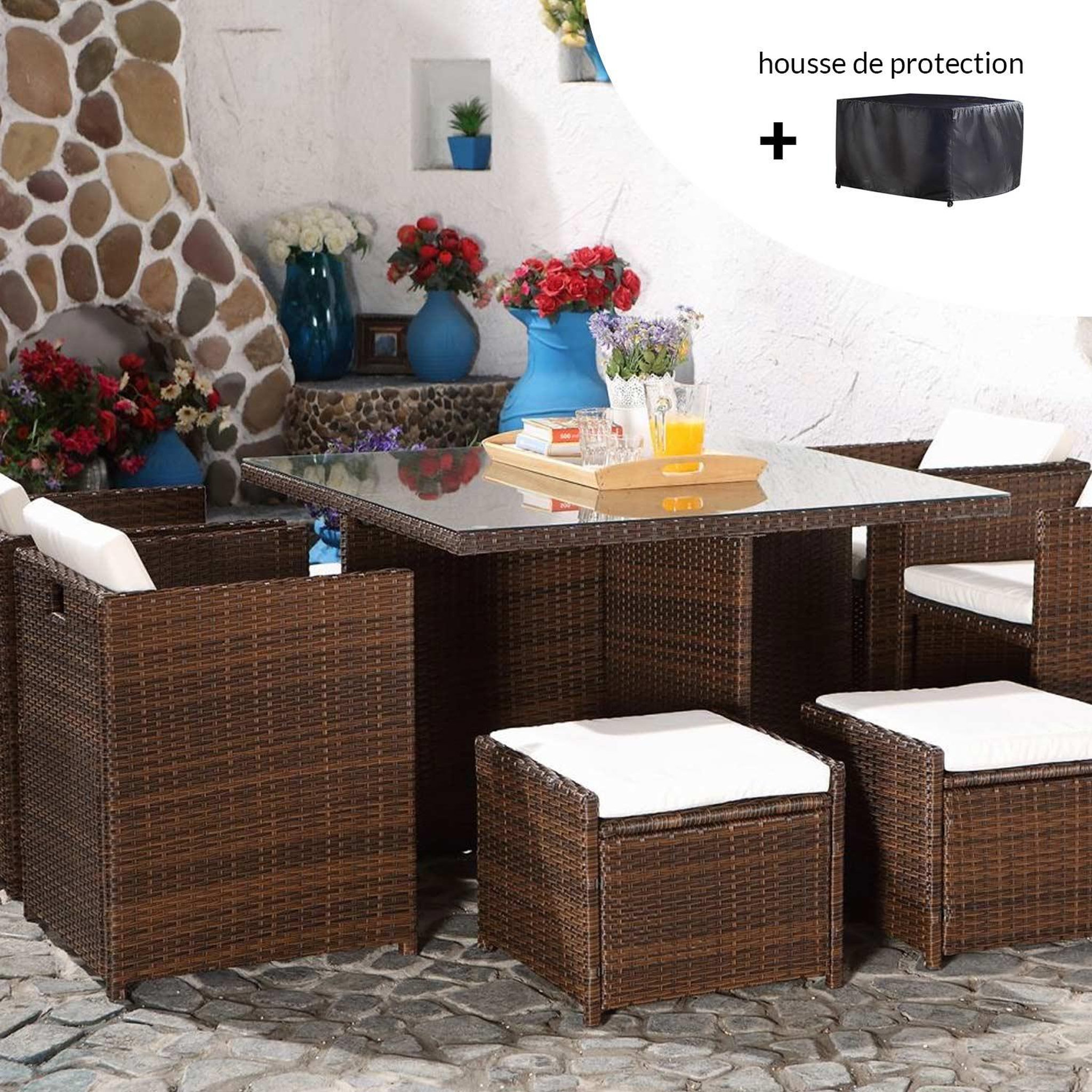 CONCEPT USINE Salon de jardin 8 places marron-blanc + housse de protection miami