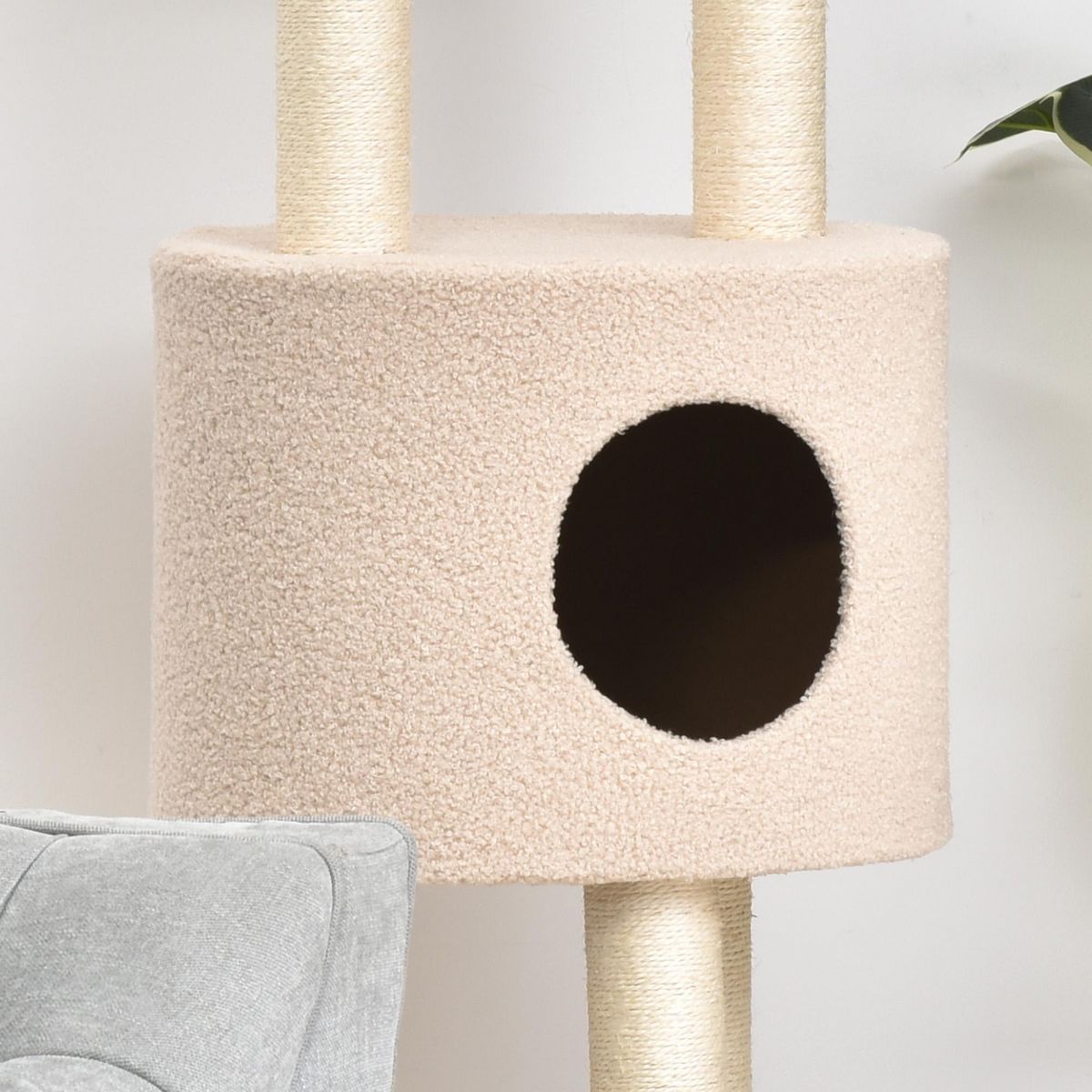 PAWHUT PawHut Arbre à Chats avec Griffoir Niche Poteaux Peluche Haute Densité 45L x 40L x 148H cm Beige
