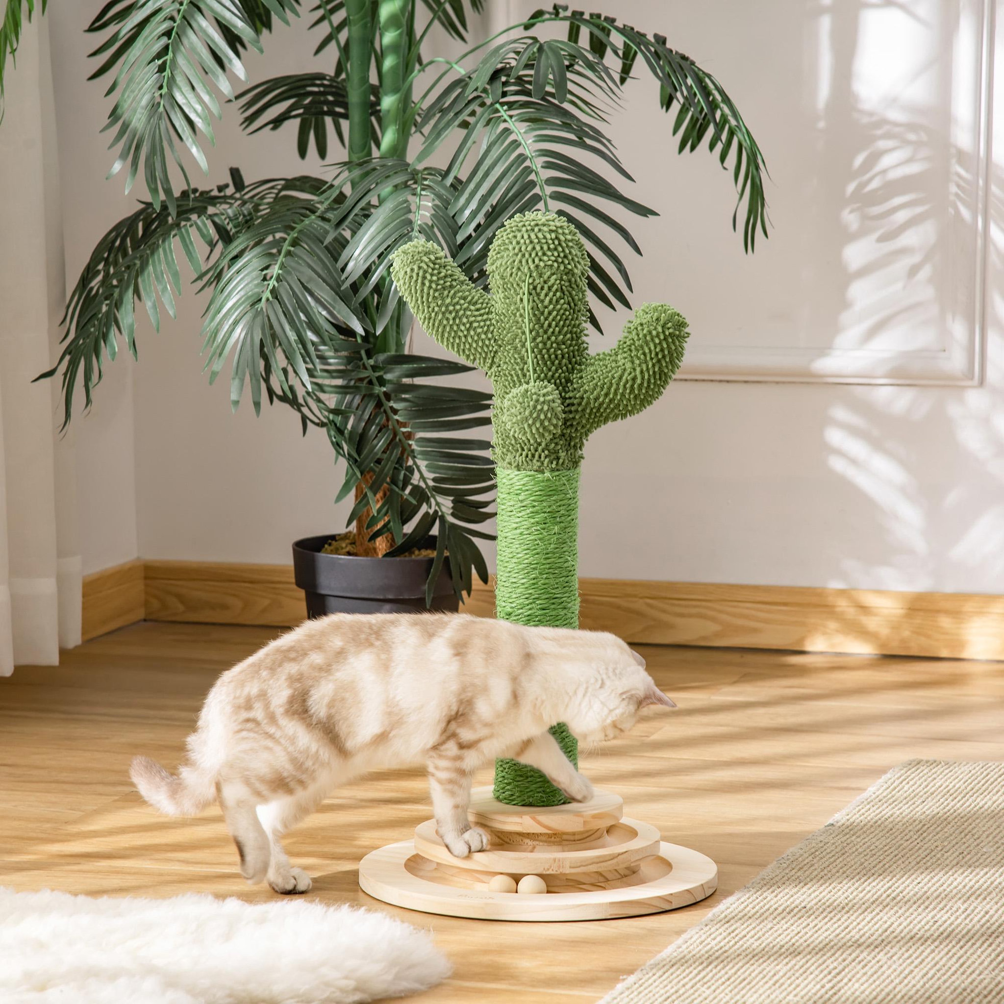 Voir la diapositive 2 : PAWHUT Griffoir chat design cactus - jouet pompon suspendu, jouet boules - bois de pin sisal vert