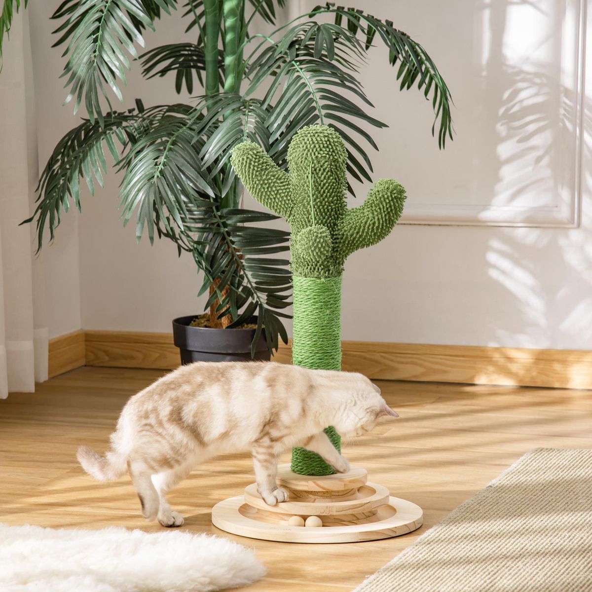 PAWHUT Griffoir chat design cactus - jouet pompon suspendu, jouet boules - bois de pin sisal vert