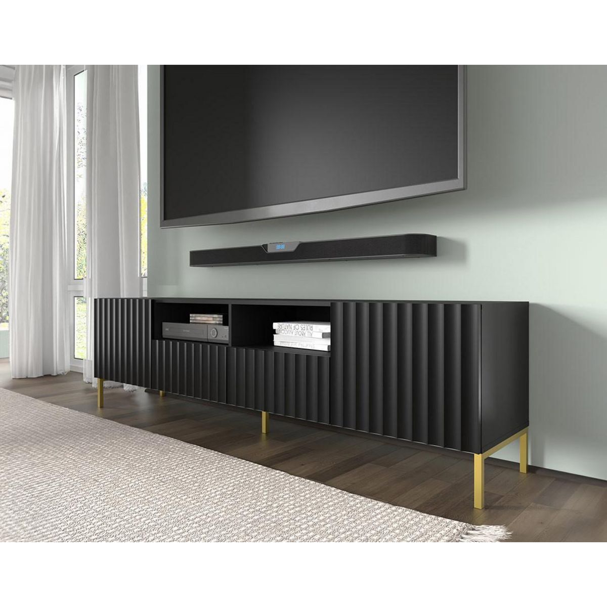 BEST MOBILIER Lara - meuble tv - pieds dorés - 2 tiroirs - 200 cm