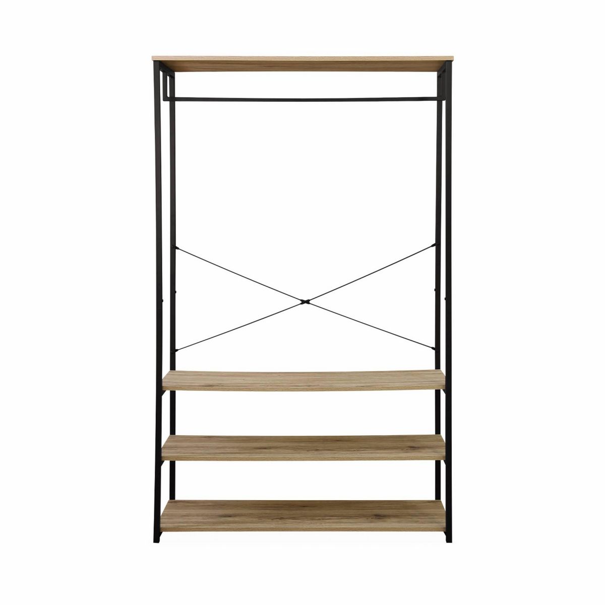 SWEEEK Dressing. vestiaire. portemanteau en métal noir et décor bois. Loft. 3 étagères. une barre de penderie  L 100 x l 40 x H 167cm