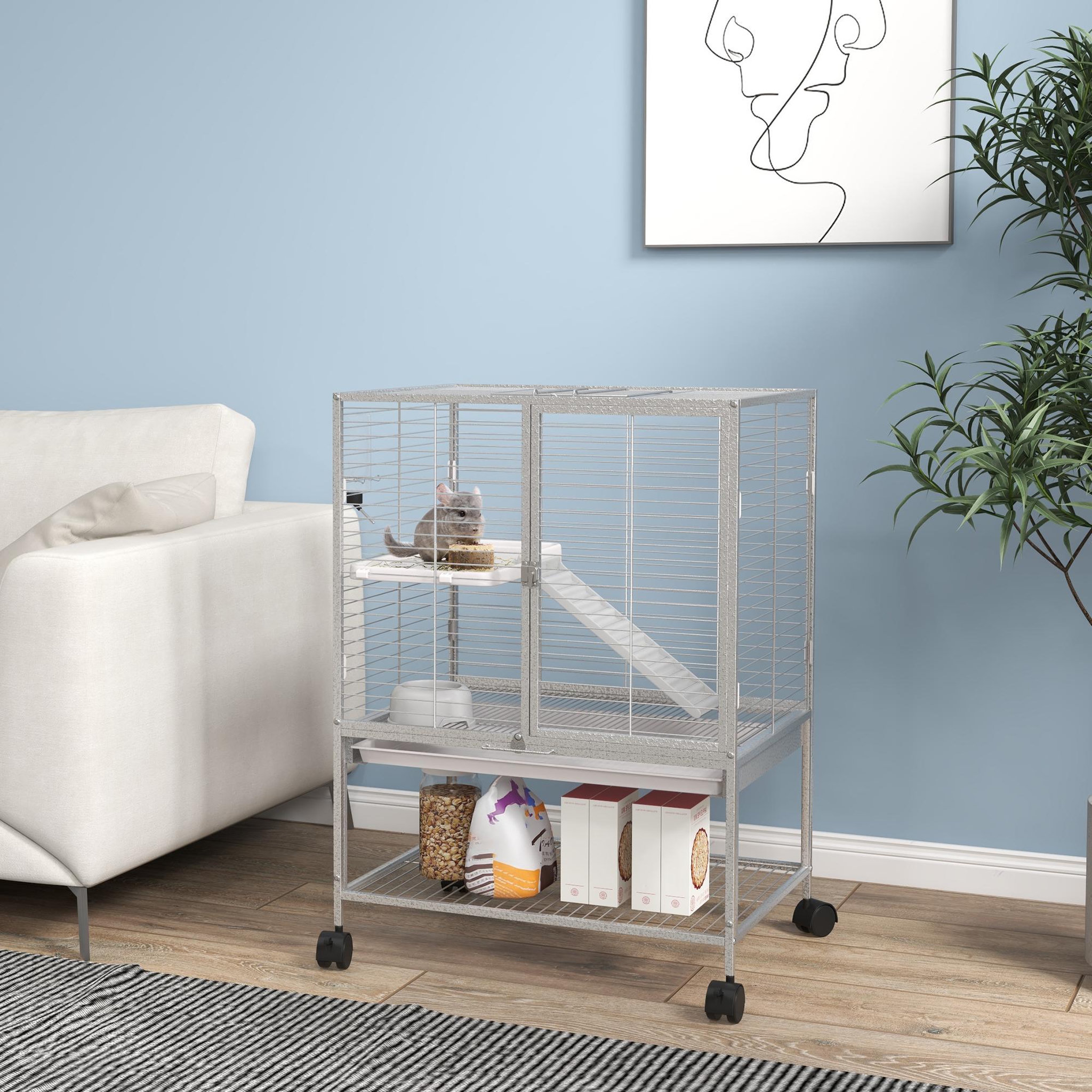 Voir la diapositive 2 : PAWHUT Cage pour rongeurs furet chinchilla plateforme rampe 2 portes biberon gamelle plateau étagère acier gris clair