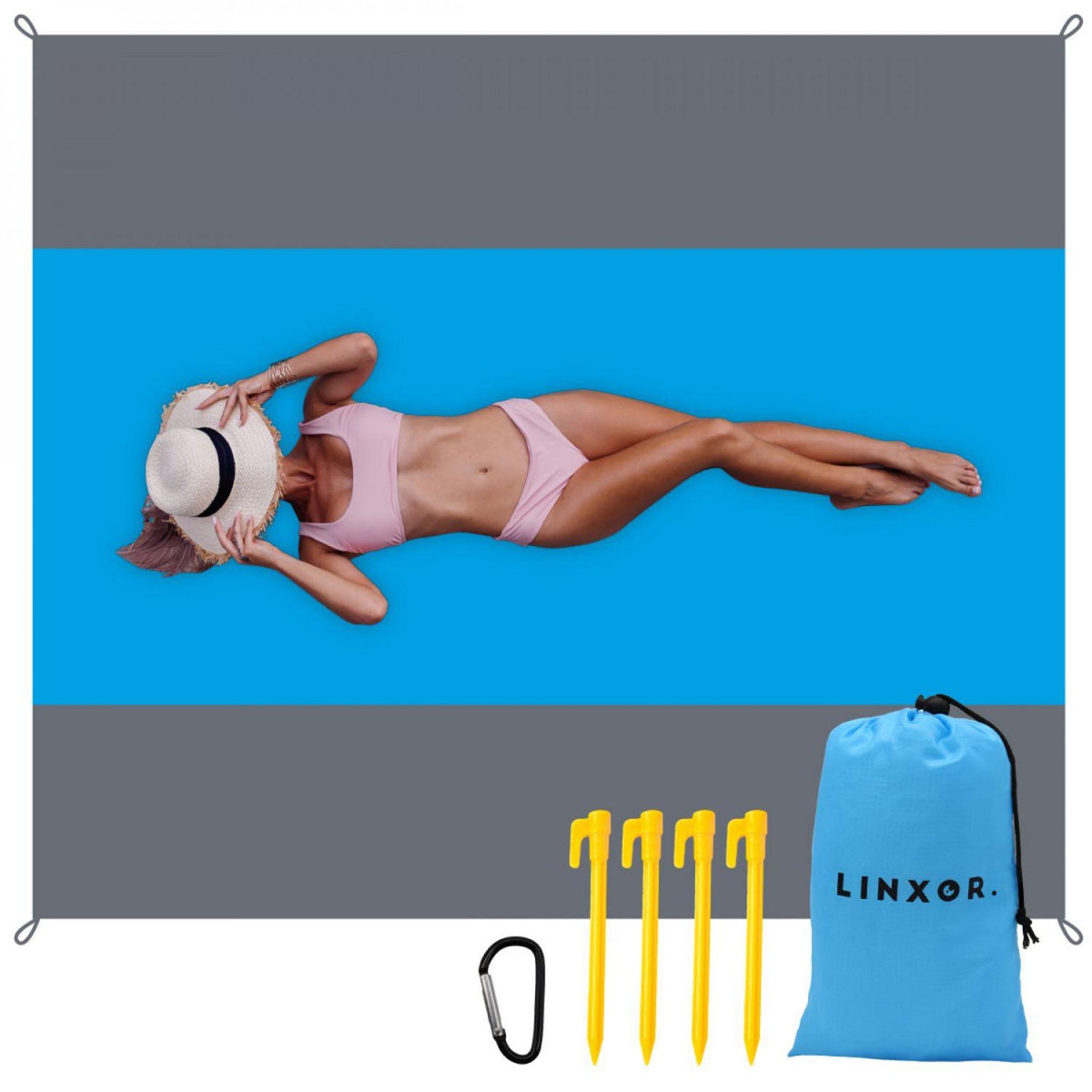 LINXOR Tapis de plage anti-sable imperméable 270 x 240 cm - Bleu et gris