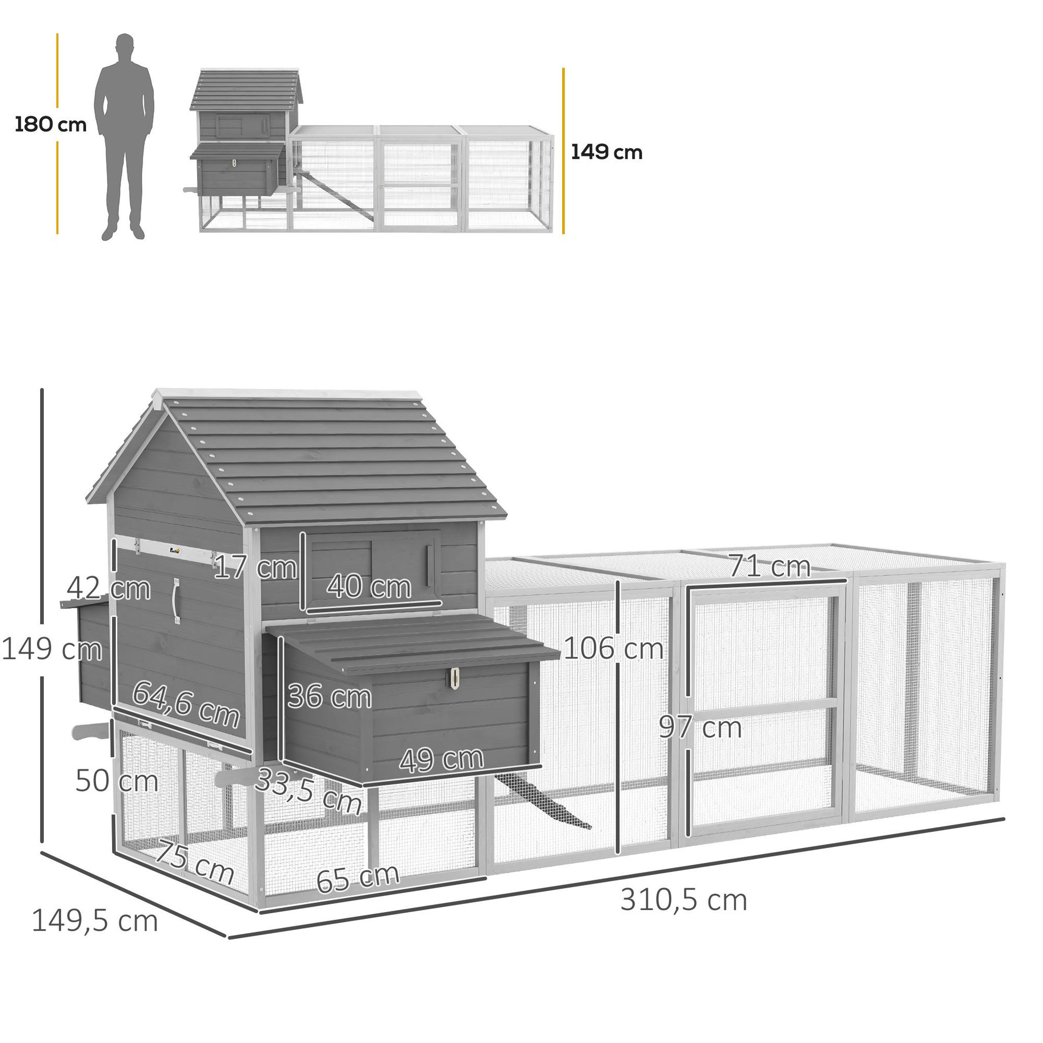 Voir la diapositive 3 : PAWHUT Poulailler cottage cage à poules sur pied dim. 310L x 149l x 149H cm multi-équipement bois sapin gris