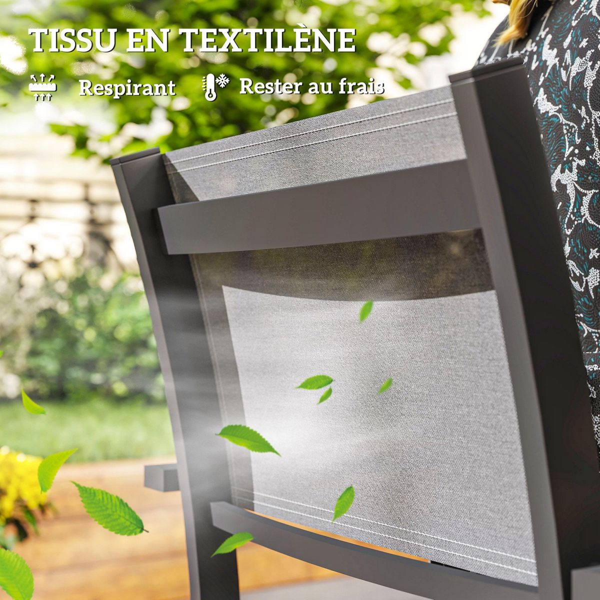 OUTSUNNY Lot de 4 chaises de jardin assise dossier textilène structure alu accoudoirs revêtement PVC effet bois