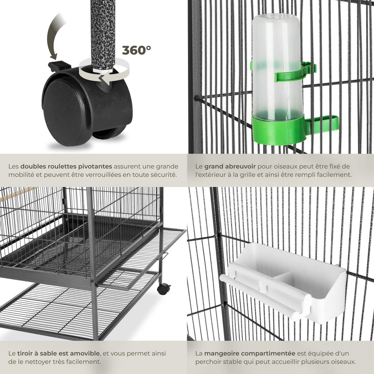 tectake Cage à oiseaux en finition martelée gris anthracite