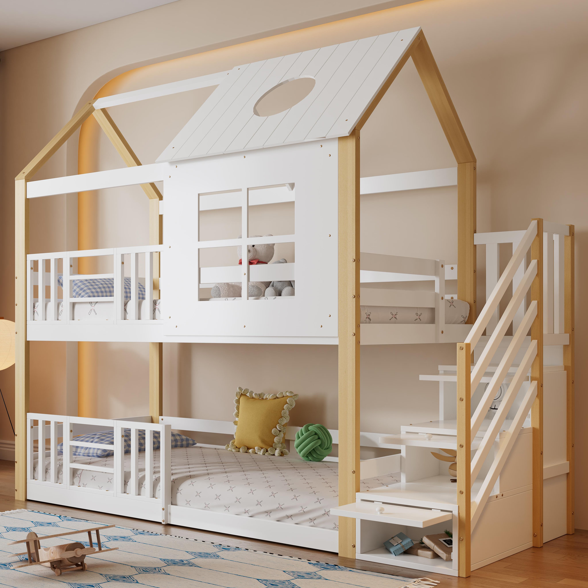 Voir la diapositive 4 : MERAX Lit superposé 90x200cm bois et mdf coloris blanc+naturel