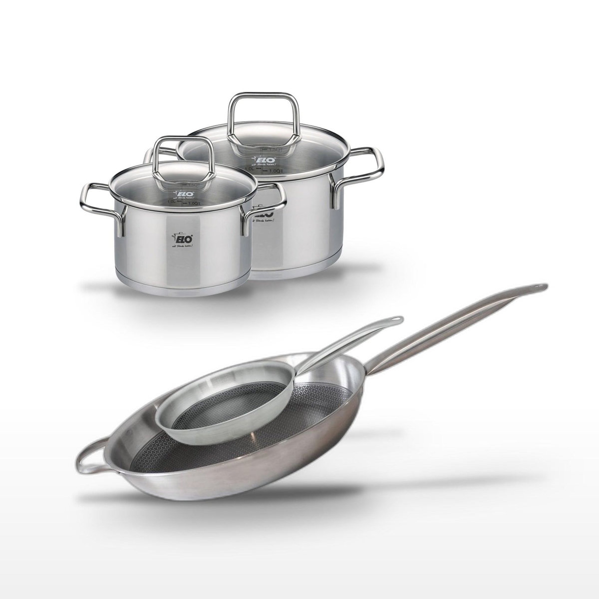 ELO Lot 2 Poêles 32/24 cm et 2 Faitouts 14/12 cm Elo Relief Solution
