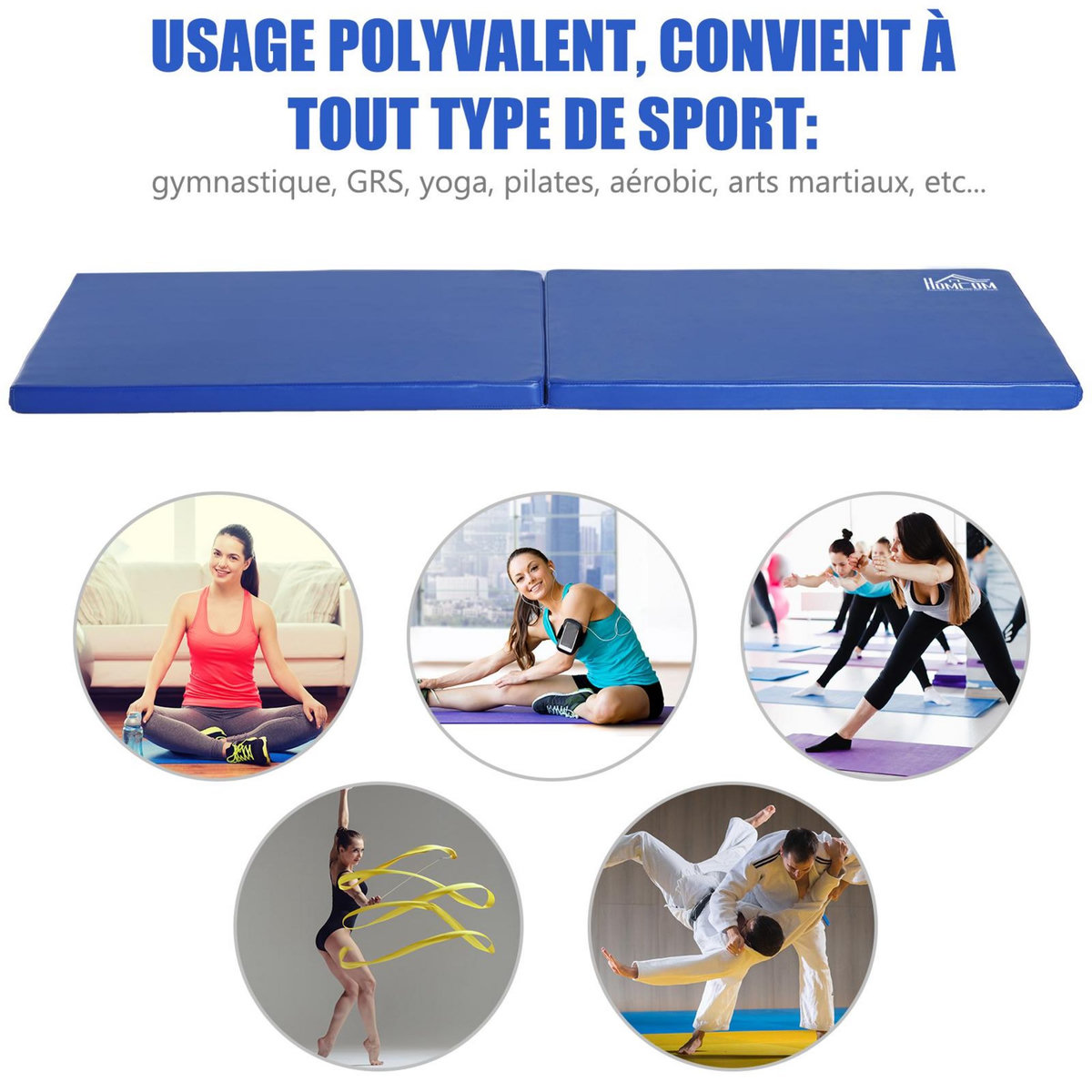 HOMCOM Tapis de gymnastique yoga pilates fitness pliable portable grand confort 180L x 60l x 5H cm revêtement synthétique bleu