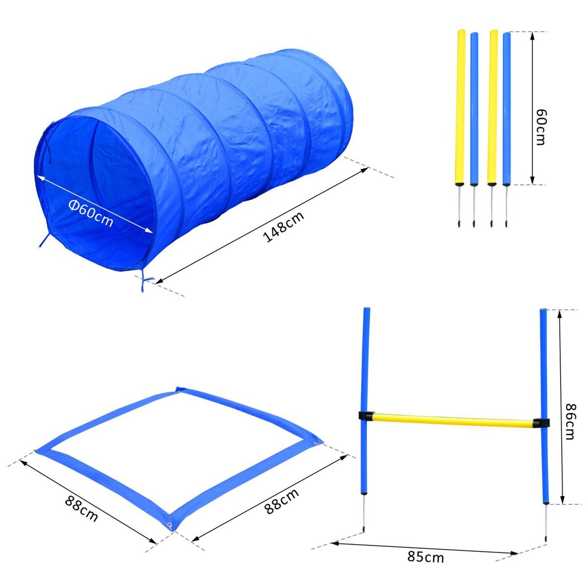 PAWHUT Agility sport pour chiens équipement complet obstacles, tunnel, slalom, zone repos + 2 sacs de transport bleu jaune