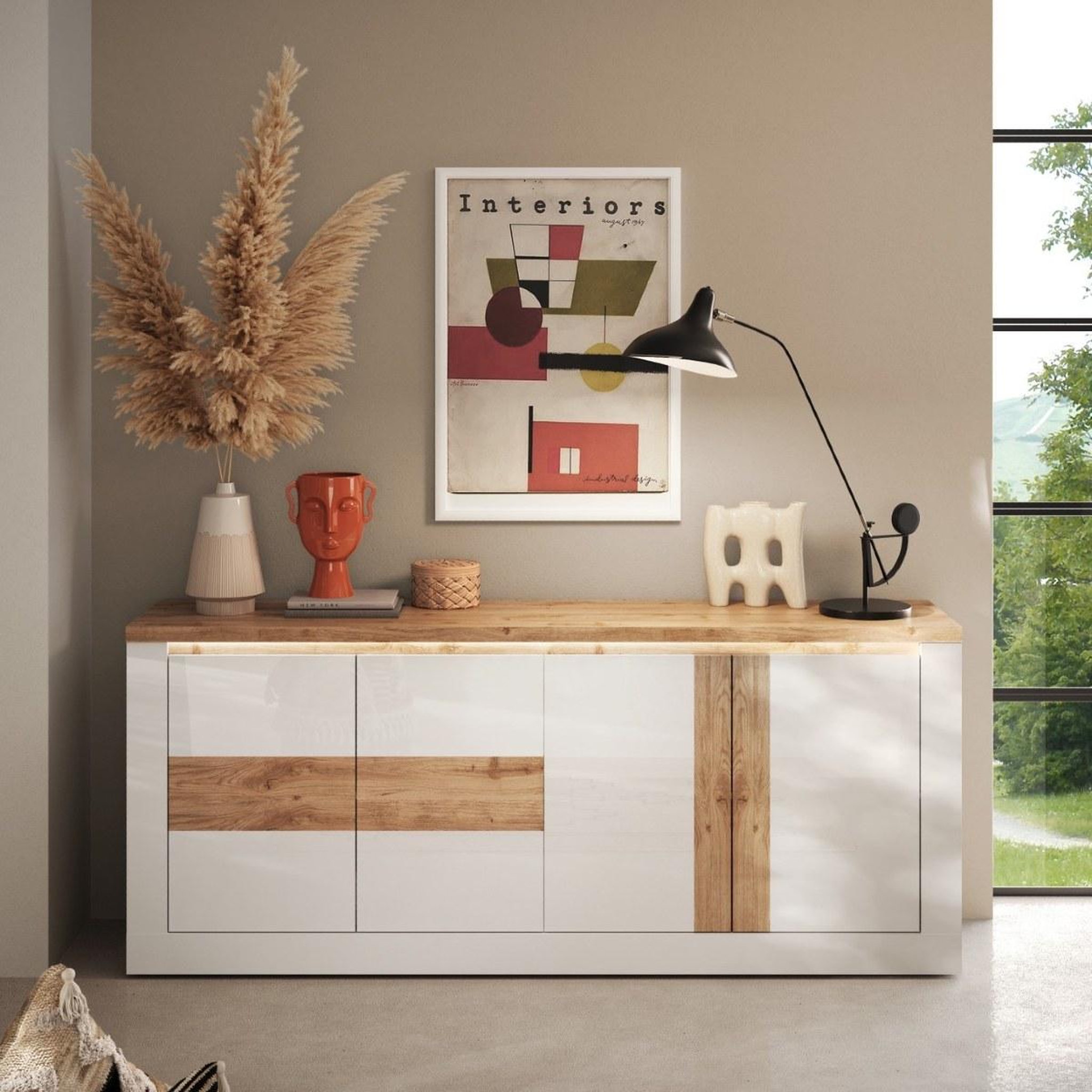 Voir la diapositive 2 : JLC KREATION Buffet moderne 4 portes laqué blanc et bois 210cm ARIA