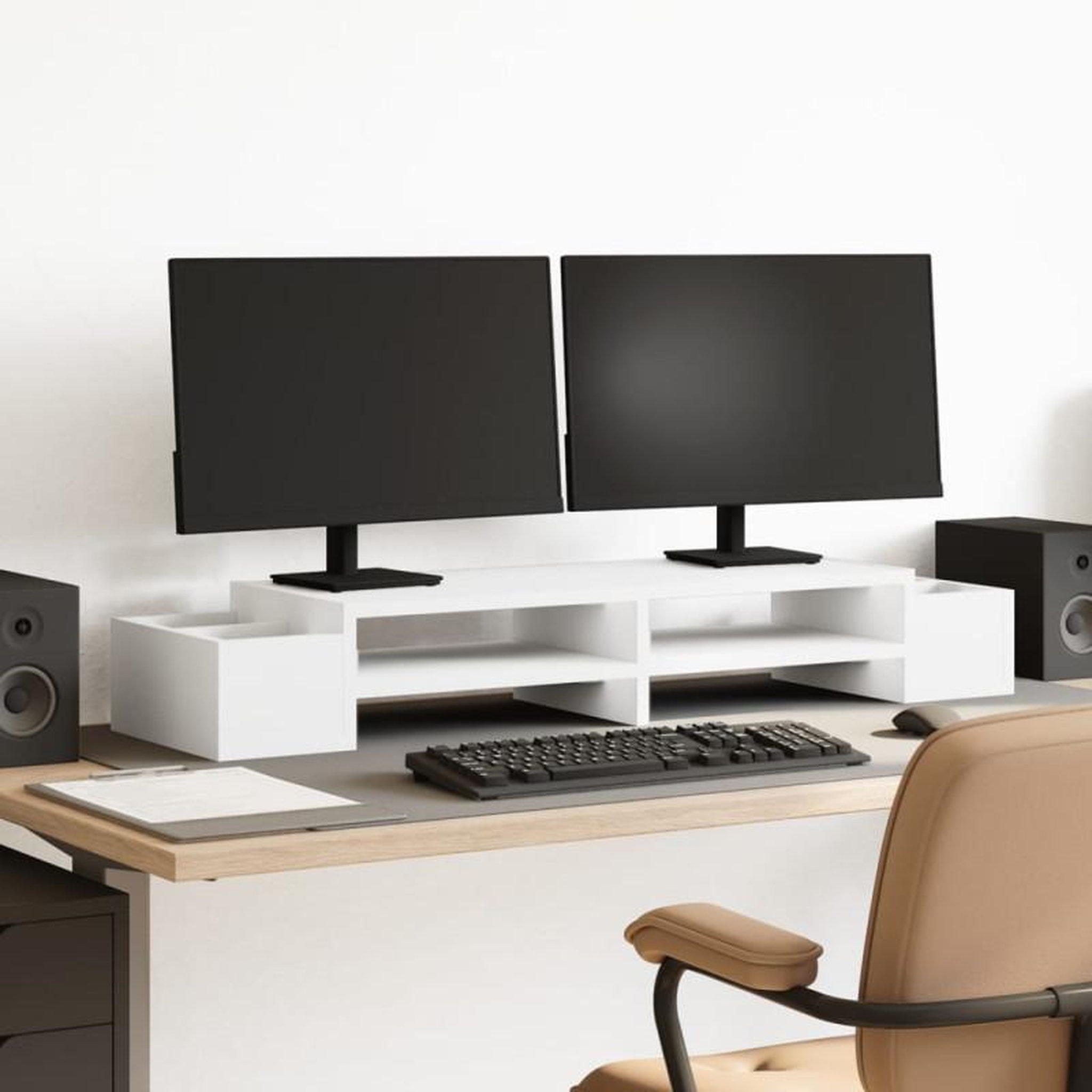 Voir la diapositive 1 : VIDAXL Support de moniteur avec rangement blanc bois d ingénierie