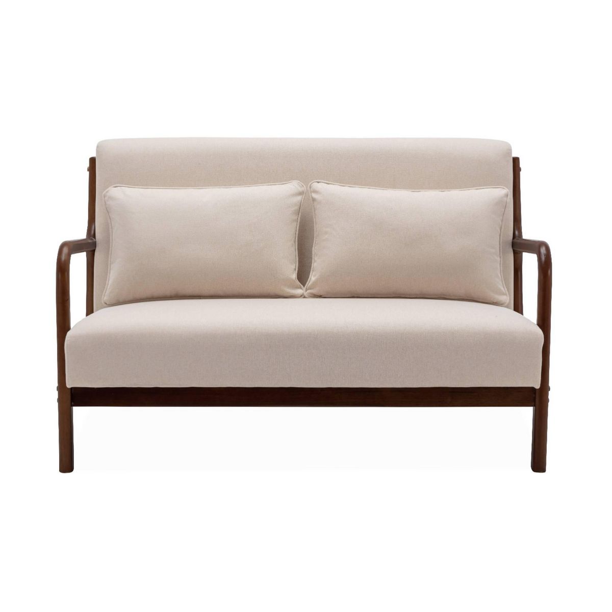 SWEEEK Banquette 2 places tissu beige. pieds bois d'hévéa teinté noyer clair. droit fixe. pieds compas scandinave