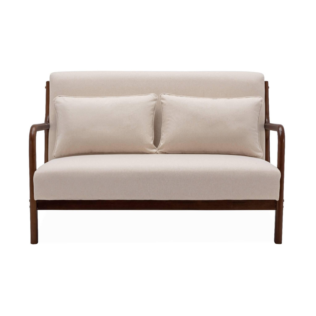 SWEEEK Banquette 2 places tissu beige. pieds bois d'hévéa teinté noyer clair. droit fixe. pieds compas scandinave