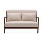Voir la diapositive 5 : SWEEEK Banquette 2 places tissu beige. pieds bois d'hévéa teinté noyer clair. droit fixe. pieds compas scandinave
