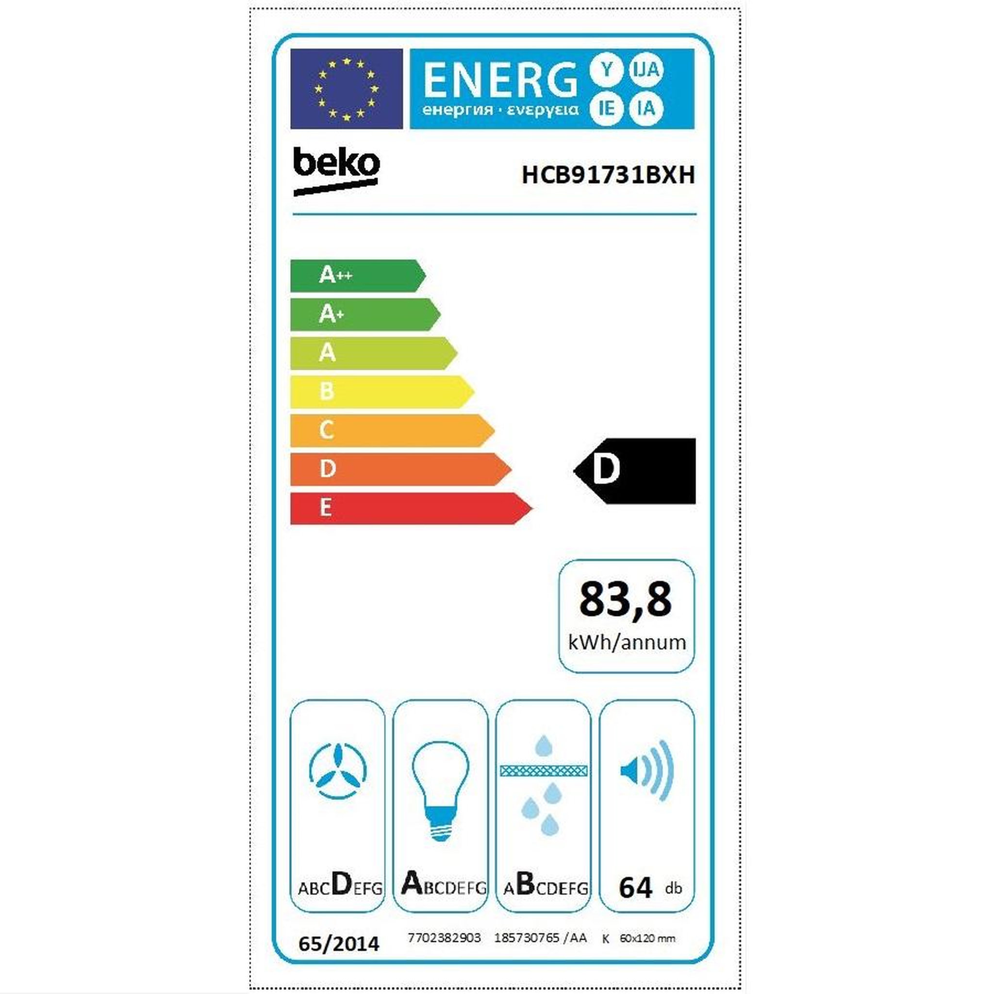 Voir la diapositive 2 : Beko Hotte décorative murale 90cm 64db 730 m3/h inox - HCB91731BXH