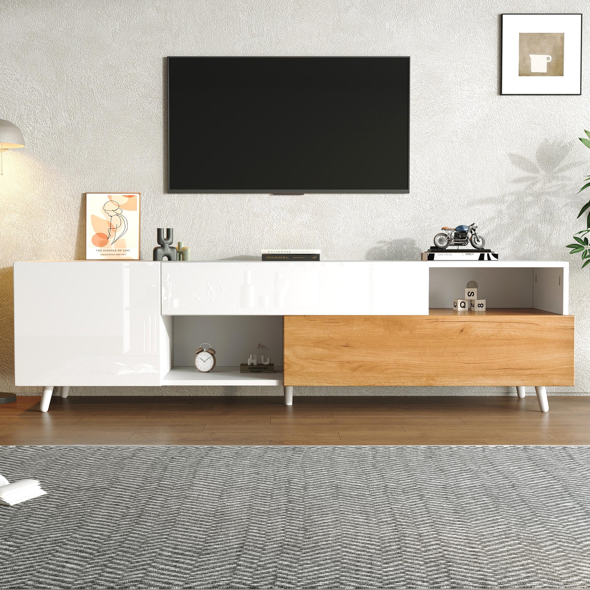 Voir la diapositive 2 : MERAX Meuble tv blanc+naturel 180 cm panneau de particules