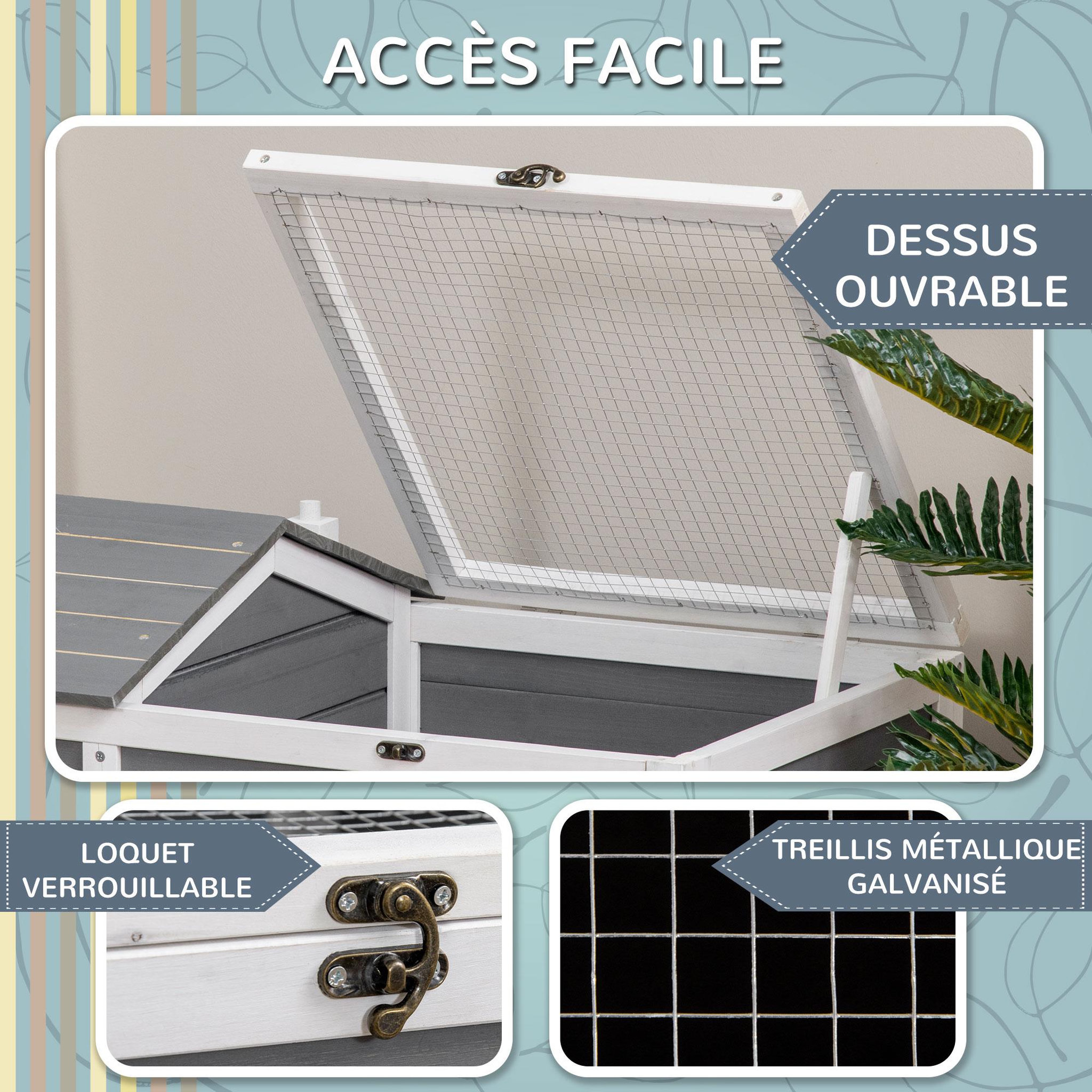 Voir la diapositive 5 : PAWHUT Enclos pour tortue - parc pour tortue - niche, enclos extérieur grillagé, toit ouvrant verrouillable - sapin gris blanc