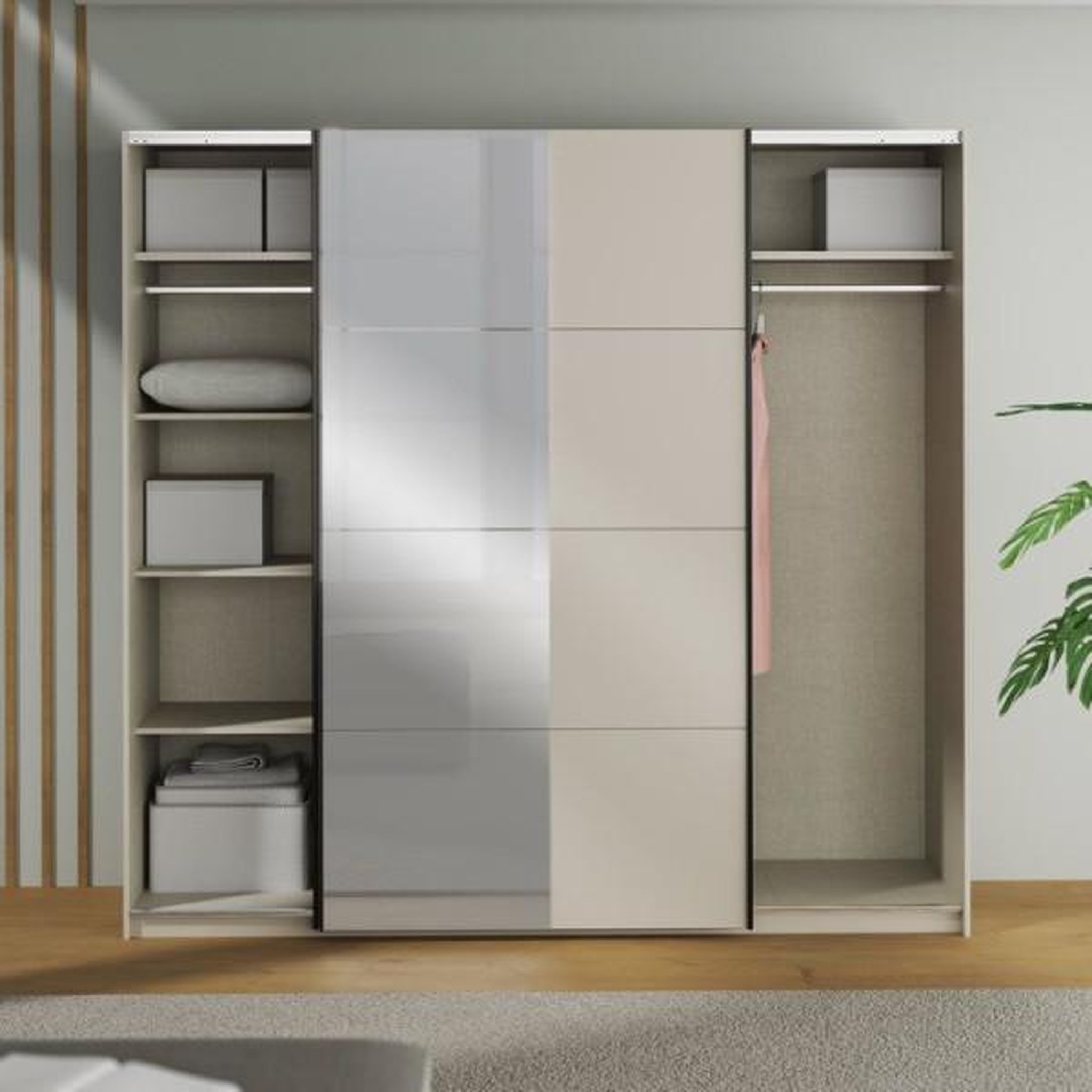 Voir la diapositive 2 : MARKET24 Armoire de chambre - Décor Sable - 2 portes coulissantes - Miroir - L220,1 x P61,2 x H210,5 cm