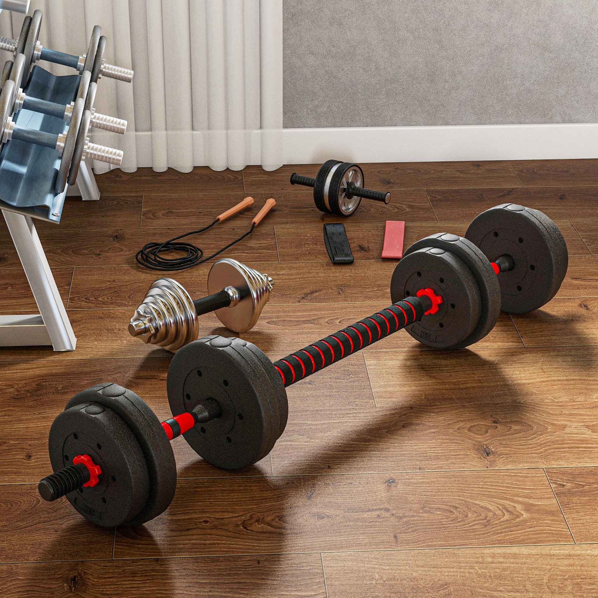 Voir la diapositive 2 : HOMCOM Ensemble d'haltères courtes total 15 kg - barres incluses - entraînement musculaire & haltérophilie - acier hdpe noir rouge