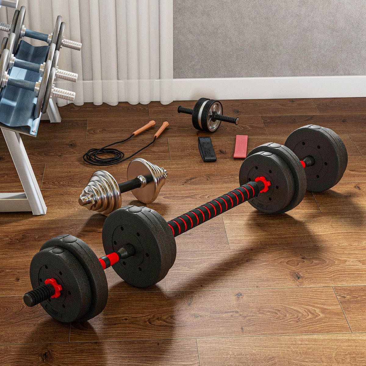 HOMCOM Ensemble d'haltères courtes total 15 Kg - barres incluses - entraînement musculaire & haltérophilie - acier HDPE noir rouge