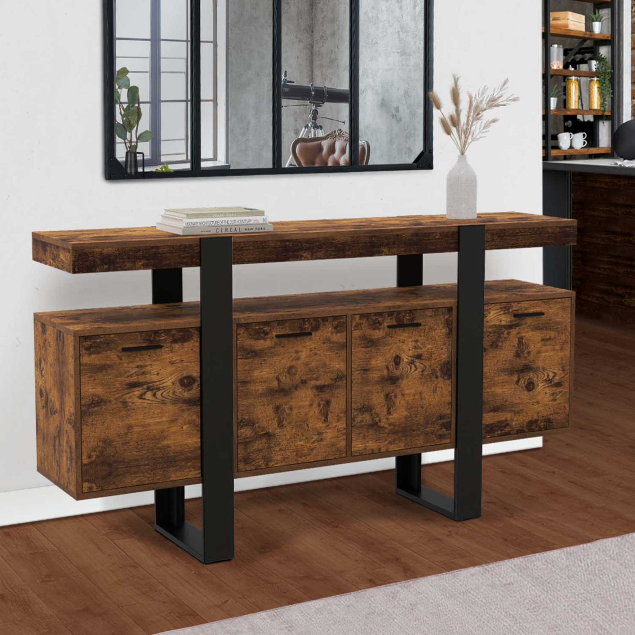 Voir la diapositive 2 : ID MARKET Buffet 160 cm phoenix xxl 4 portes bois effet vieilli et noir