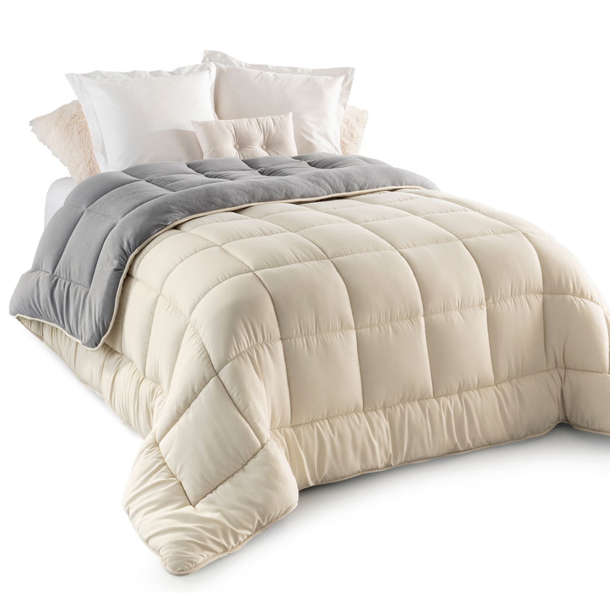 ID MARKET Couette 220x240 CM ZOE polaire biface gris et crème 400 gr