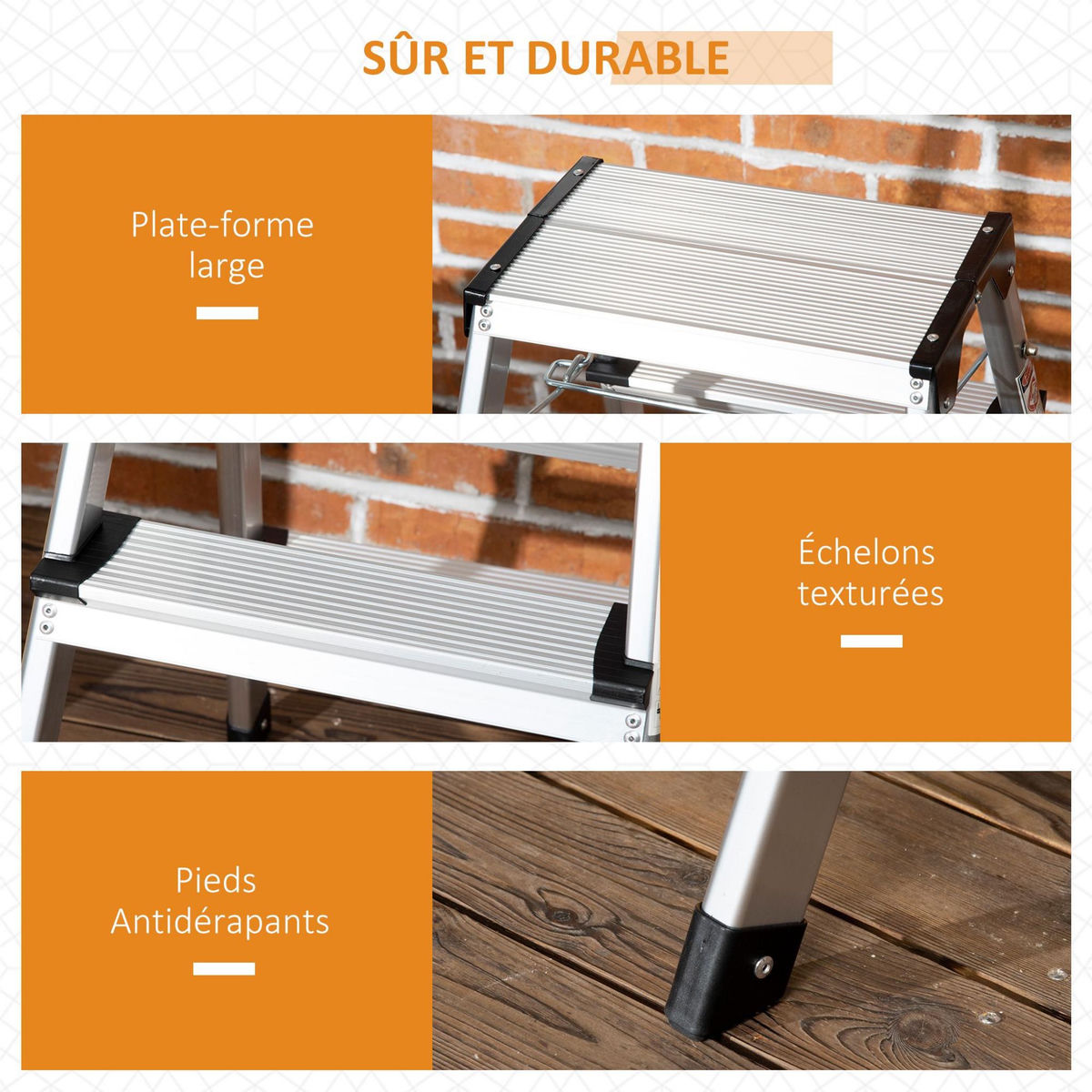 HOMCOM Marchepied escabeau double pliant antidérapant 3 marches hauteur max. 60 cm charge max. 150 Kg acier alu.