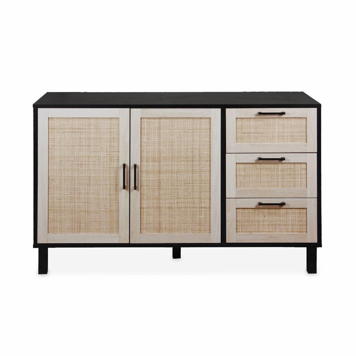 SWEEEK Buffet noir et cannage 120 x 40 x 75cm - Bianca - 3 tiroirs. 2 portes. 2 niveaux. 1 étagère. buffet bas