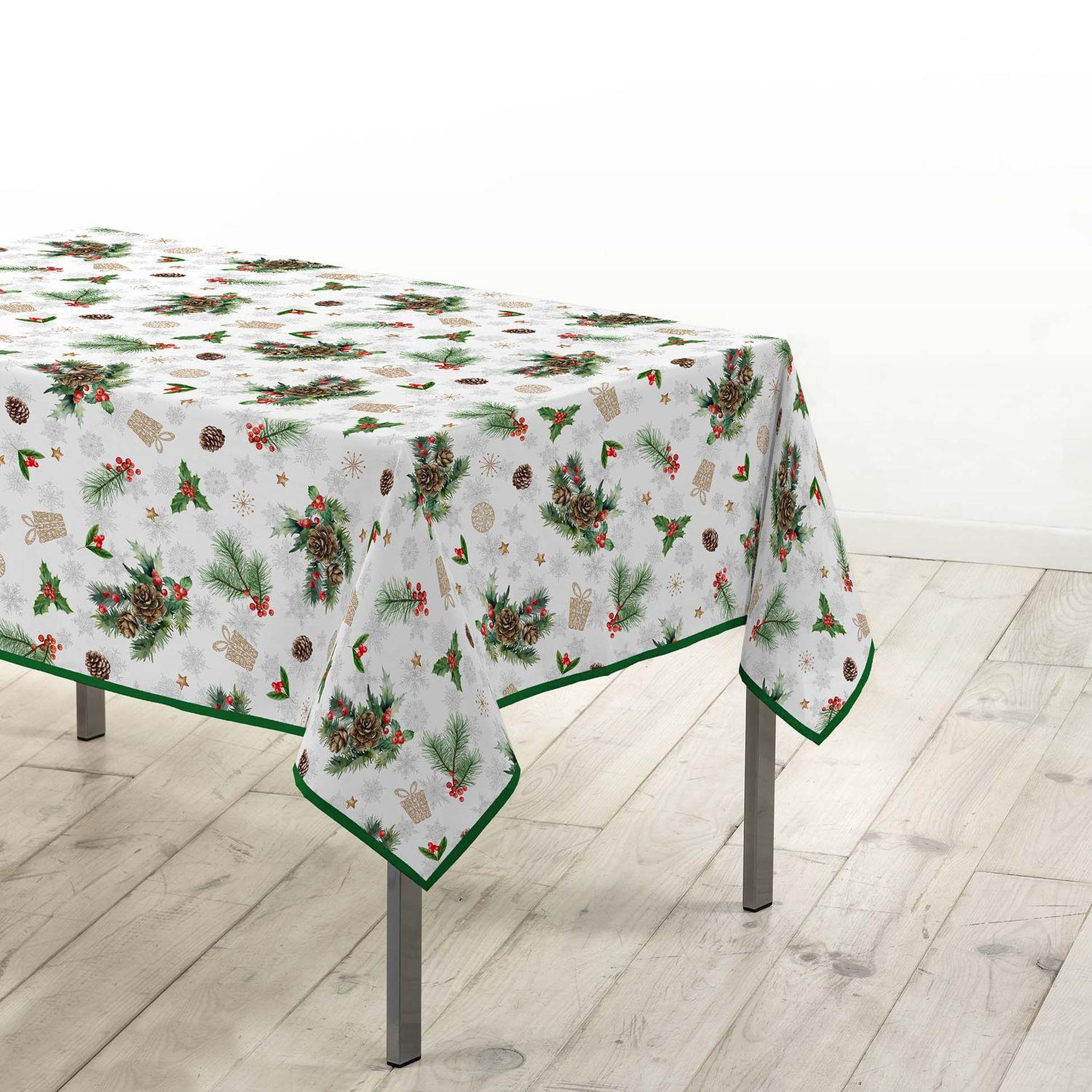 Voir la diapositive 4 : Douceur d'Intérieur Nappe rectangulaire antitache et infroissable flore d'hiver - 150 x 240 cm - blanc et vert