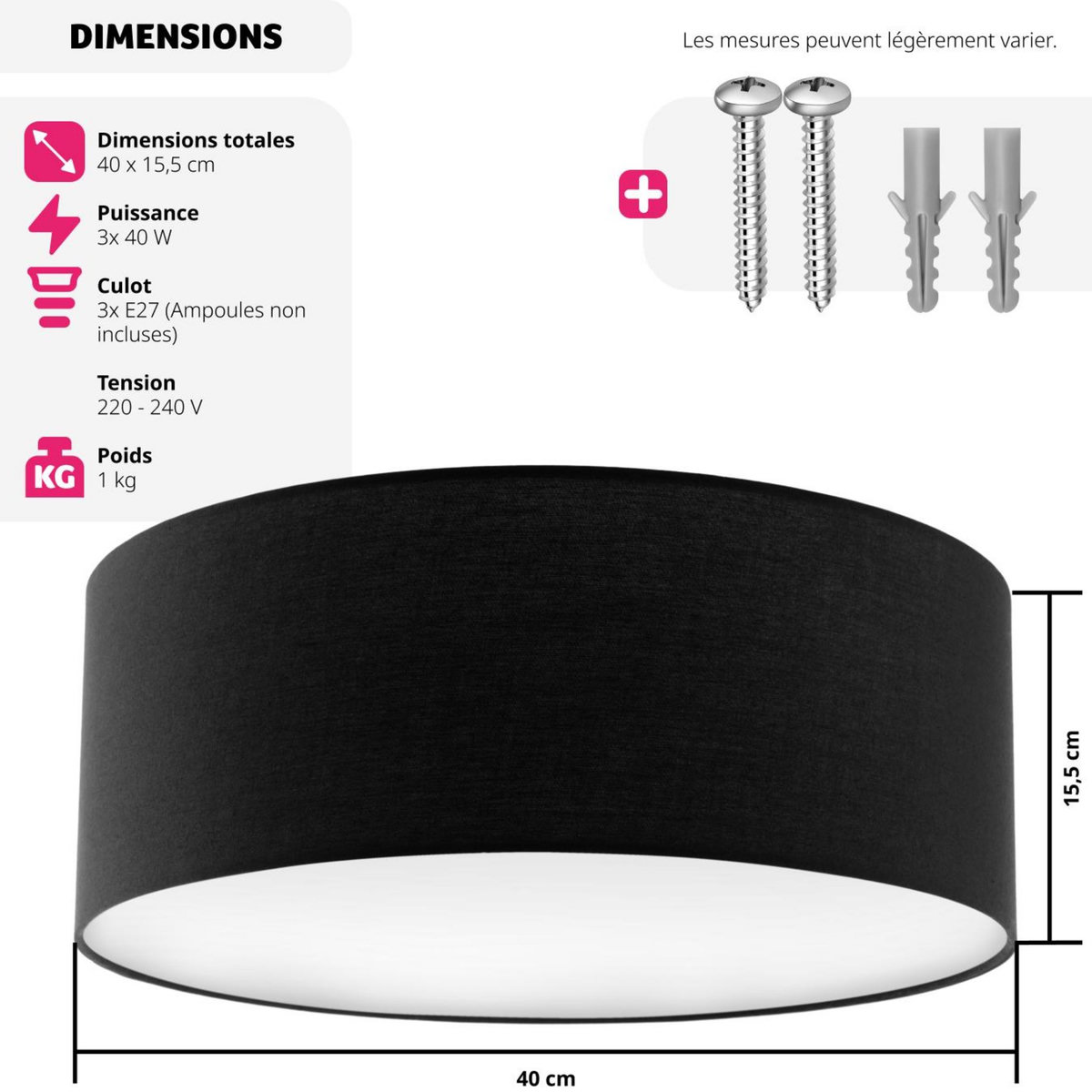 tectake Plafonnier structure en acier noir