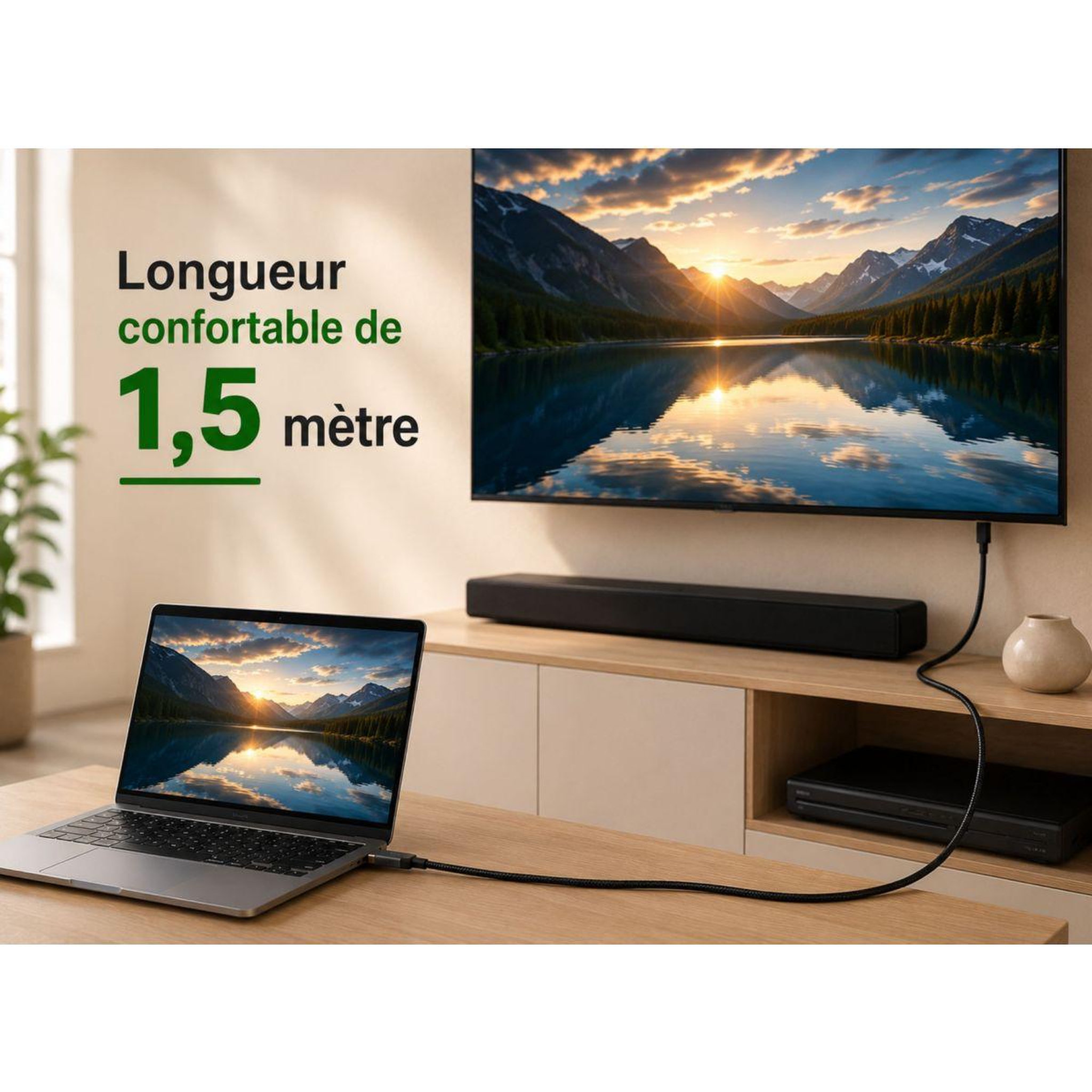 Voir la diapositive 3 : ADEQWAT Câble HDMI x2 HDMI 2.1 droit noir 1M5