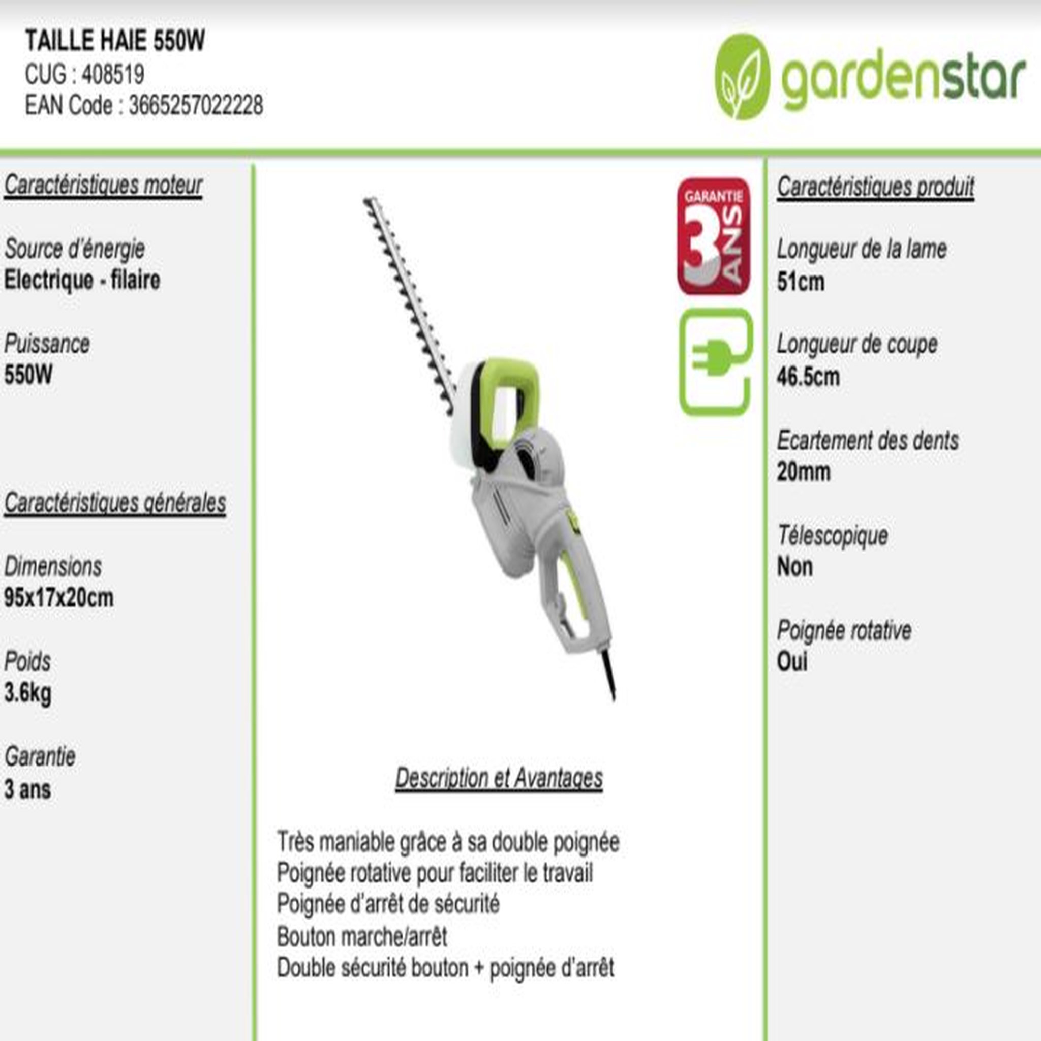 Voir la diapositive 3 : GARDENSTAR Taille haie filaire - 550W - avec poignée rotative 
