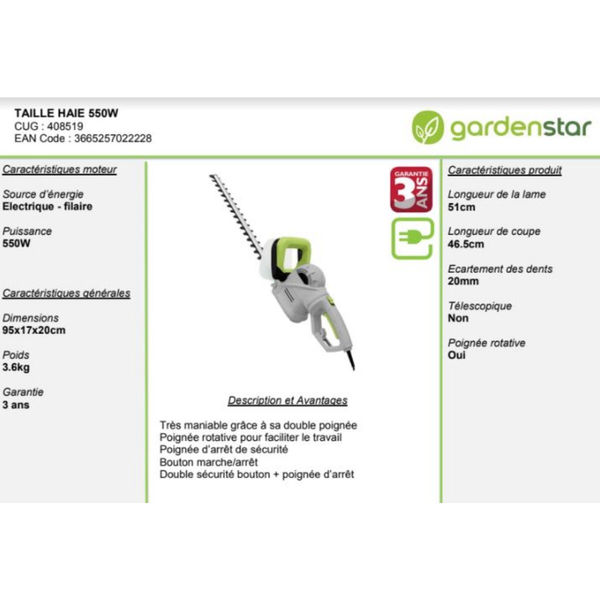 GARDENSTAR Taille haie filaire - 550W - avec poignée rotative 