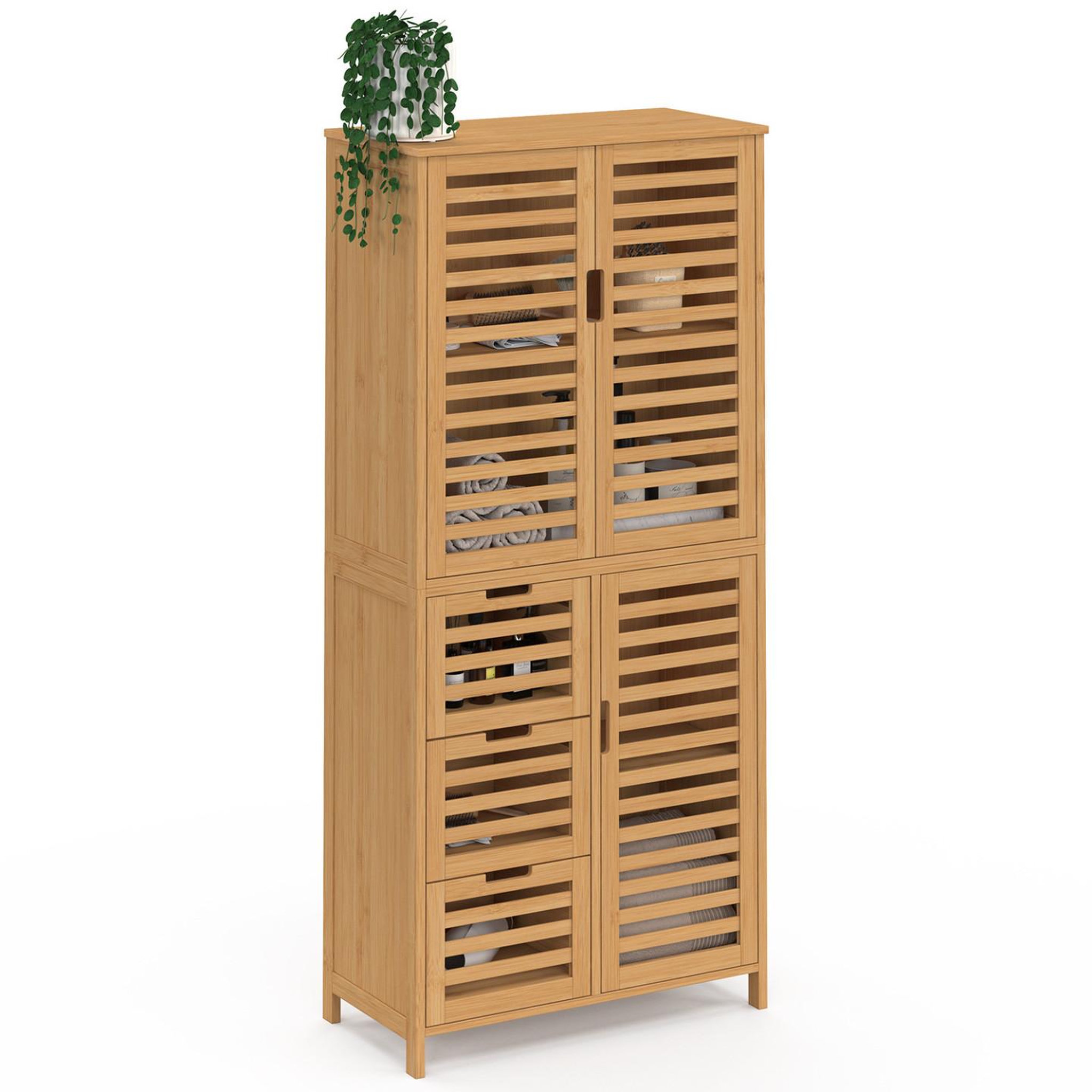 ID MARKET Meuble armoire colonne salle de bain bambou BEA 3 portes et 3 tiroirs