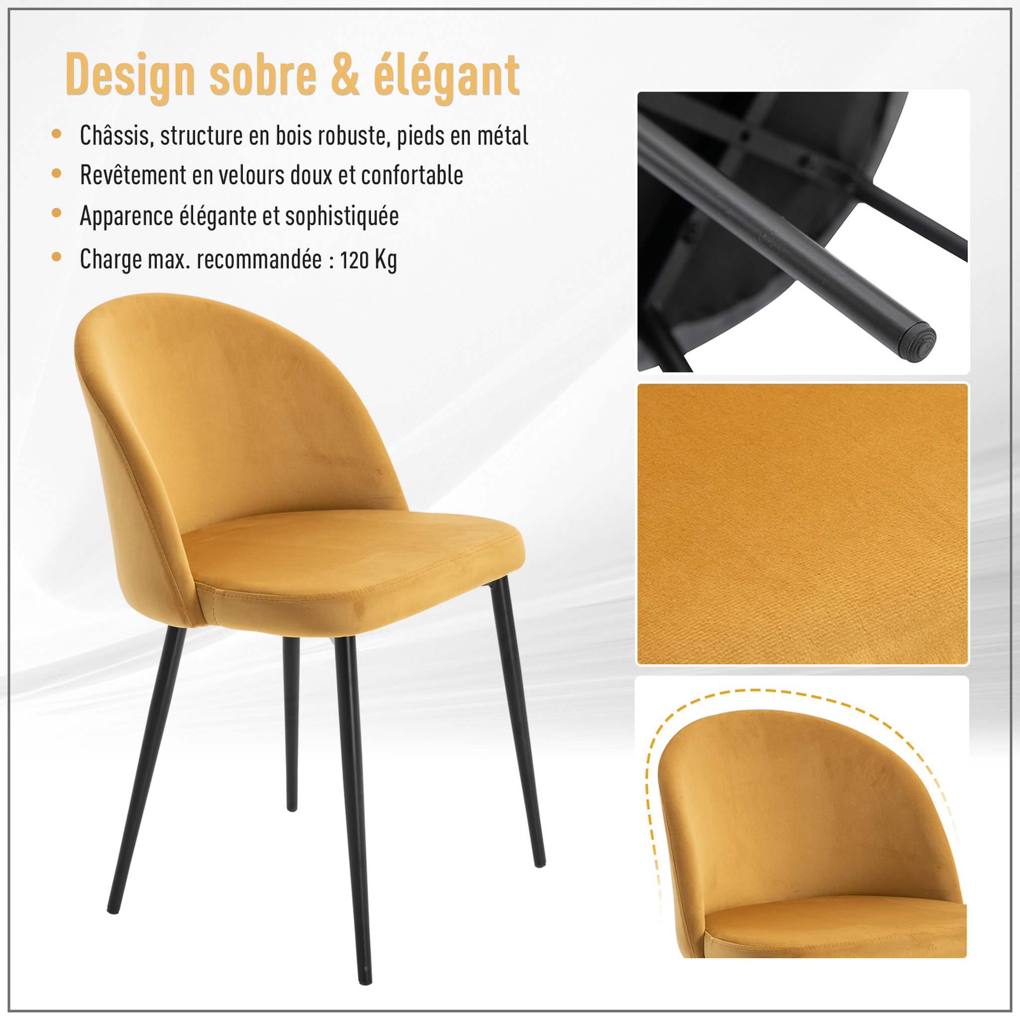 Voir la diapositive 6 : HOMCOM Chaises de visiteur design scandinave - lot de 2 chaises - pieds effilés métal noir - assise dossier ergonomique velours moutarde