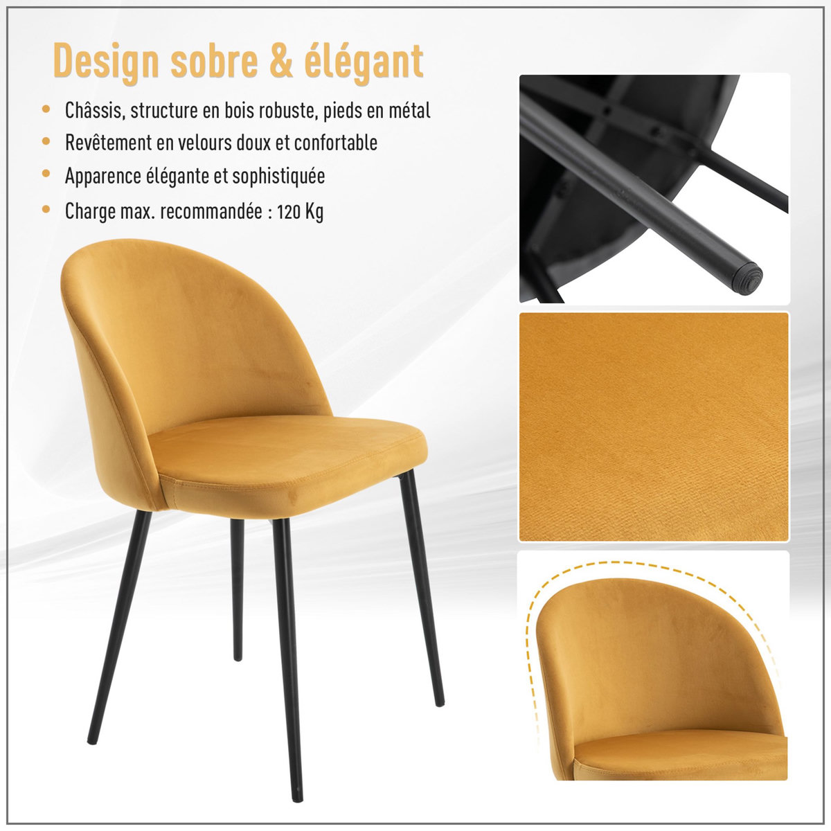 HOMCOM Chaises de visiteur design scandinave - lot de 2 chaises - pieds effilés métal noir - assise dossier ergonomique velours moutarde