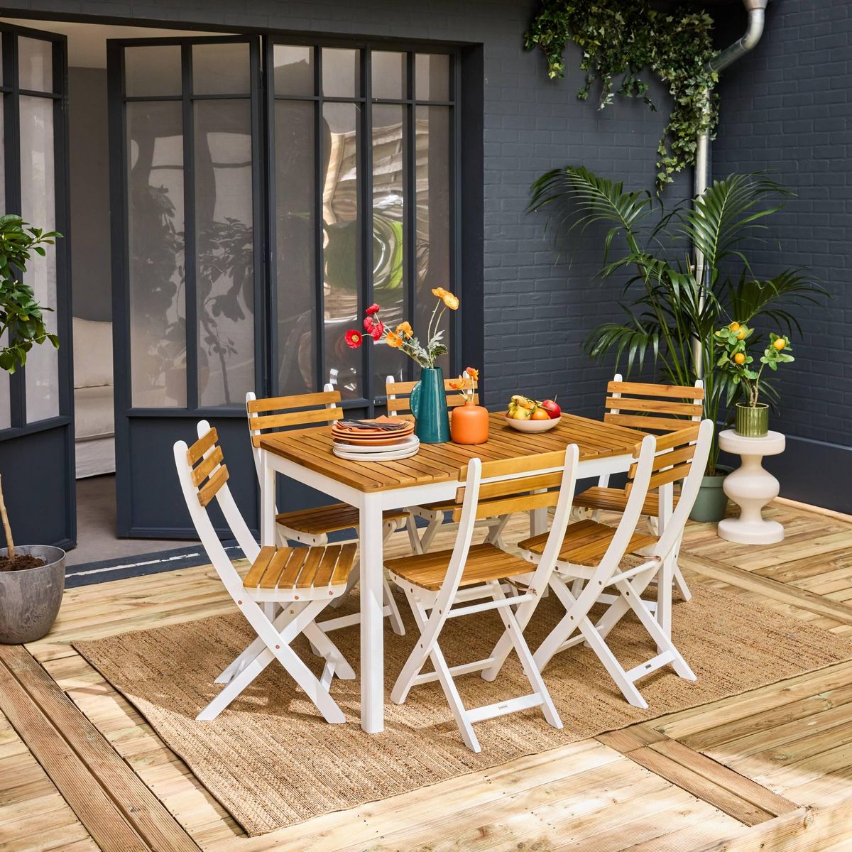 SWEEEK Table de jardin acacia avec coins arrondis, 6 chaises, 120 x 80 x 75 cm