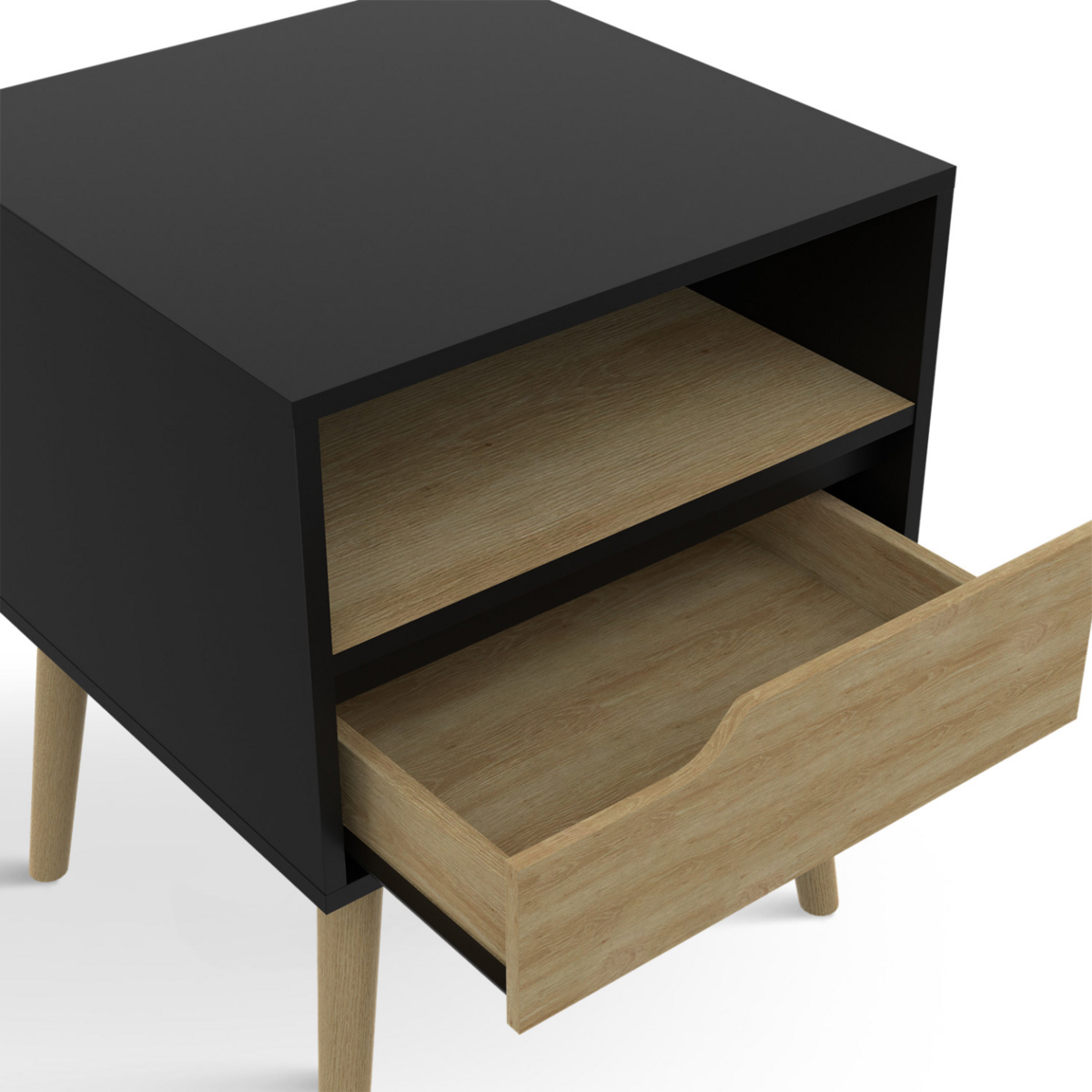 ID MARKET Lot de 2 tables de chevet HELSINKI scandinaves 1 tiroir avec niche noir et effet hêtre