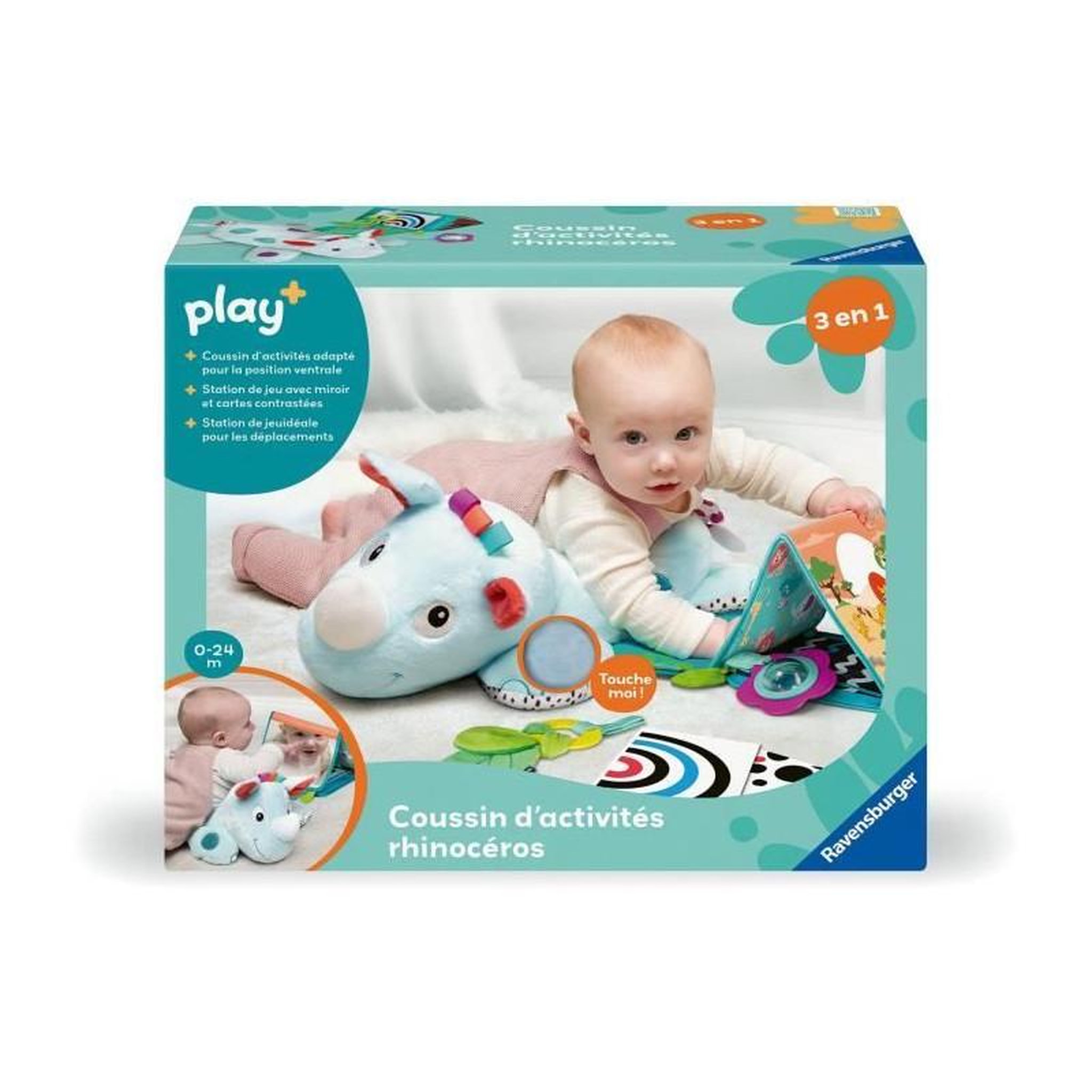 Voir la diapositive 2 : RAVENSBURGER Ravensburger -PLAY + - Coussin d'activités 3en1 rhincéros - Des la naissance - version française - 34010