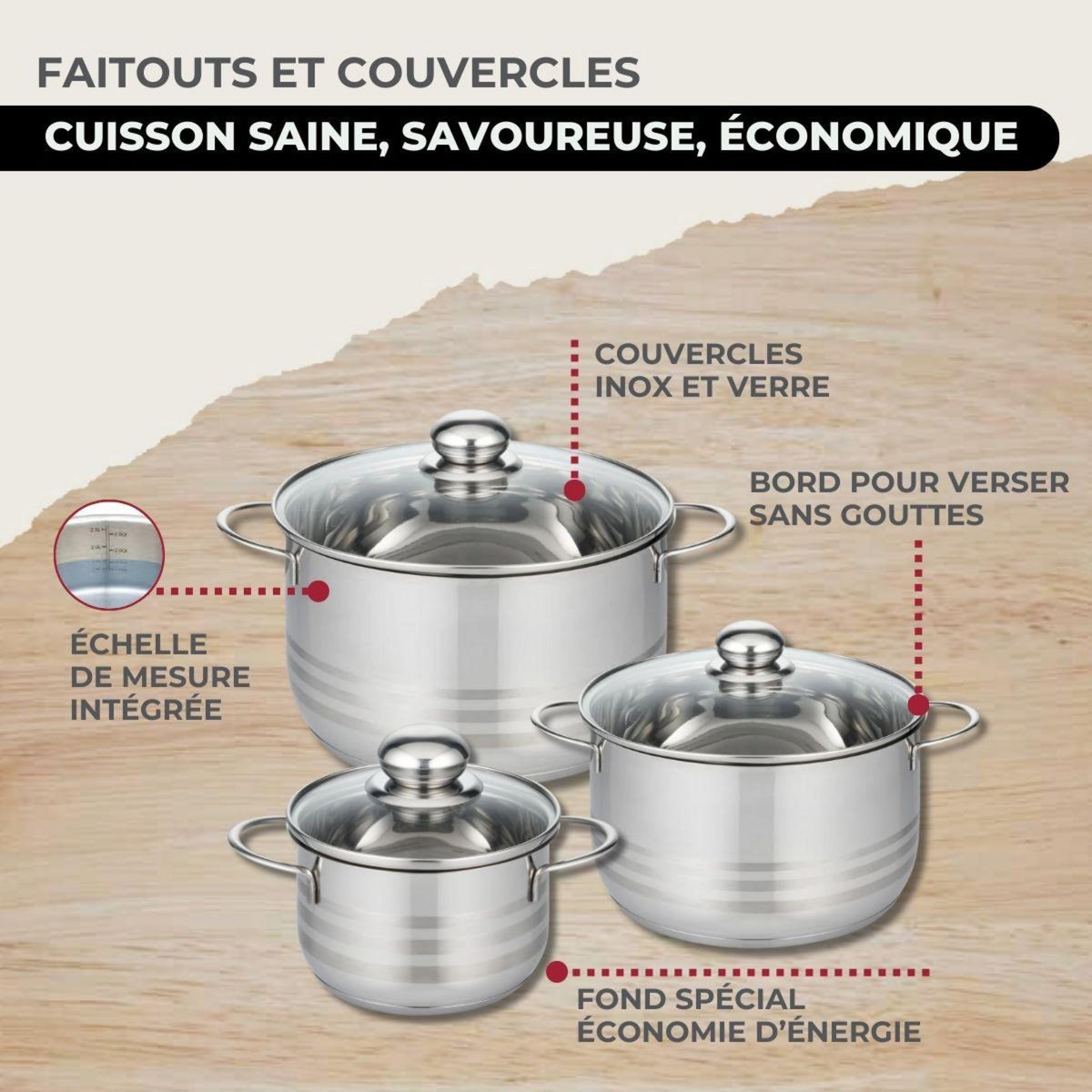 Fackelmann Set 1 poêle 28 cm en inox, 3 faitouts inox 16, 20 et 24 cm et 6 ustensiles RPET Fackelmann Eterna