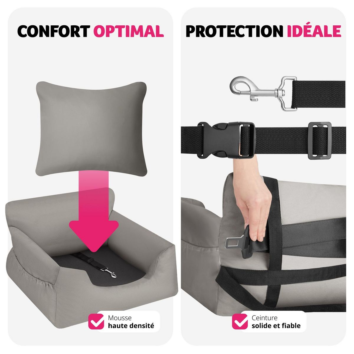 tectake Siège auto pour chien avec une laisse de sécurité et 2 sangles de fixation réglables en longueur gris