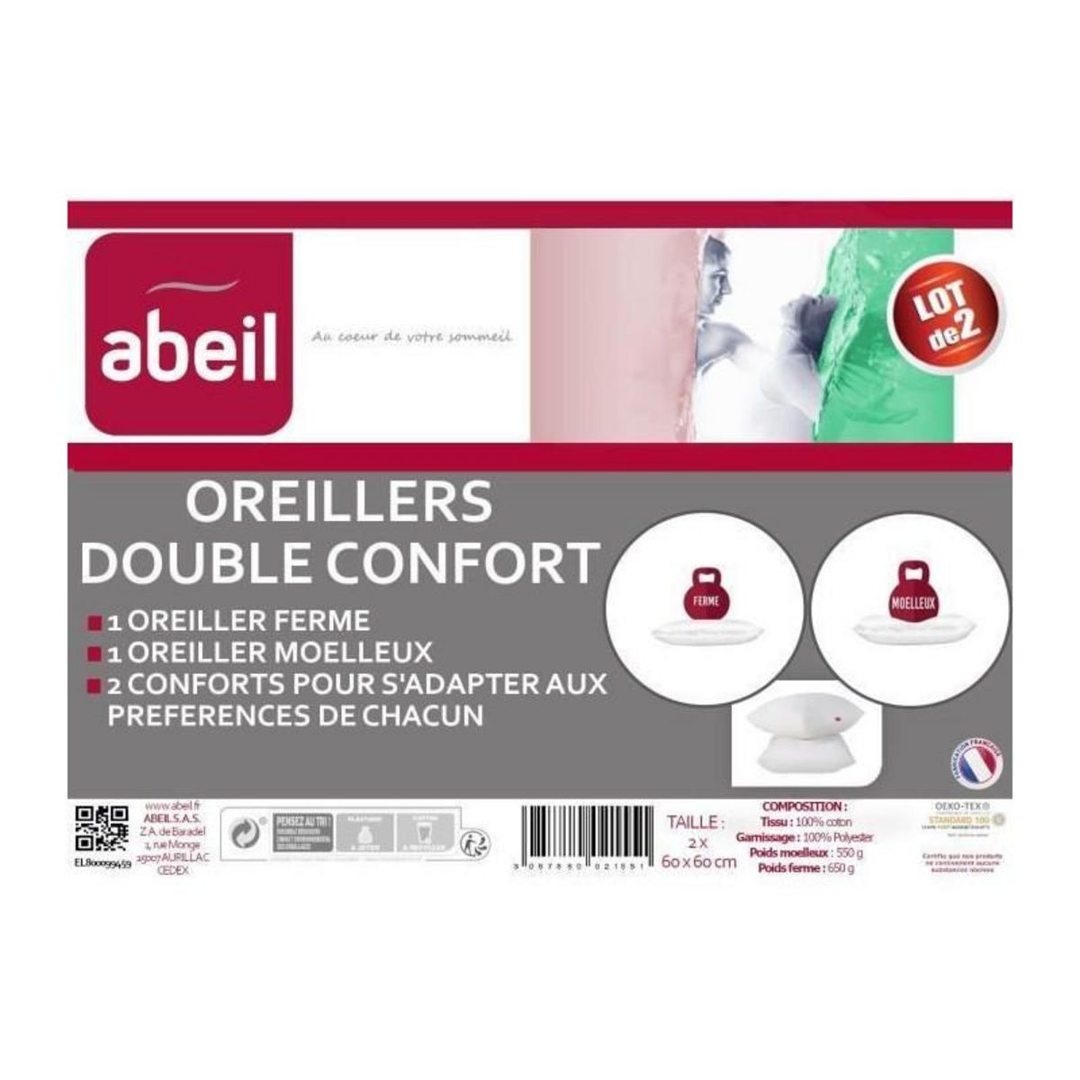 ABEIL ABEIL Lot de 2 Oreillers DOUBLE CONFORT 100% Coton 60x60cm