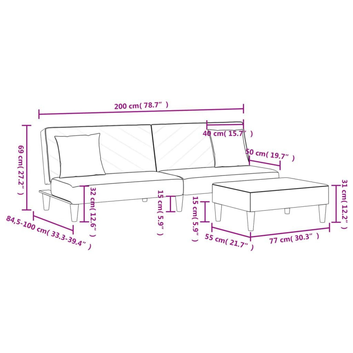 VIDAXL Canape-lit a 2 places et oreillers et repose-pied noir tissu