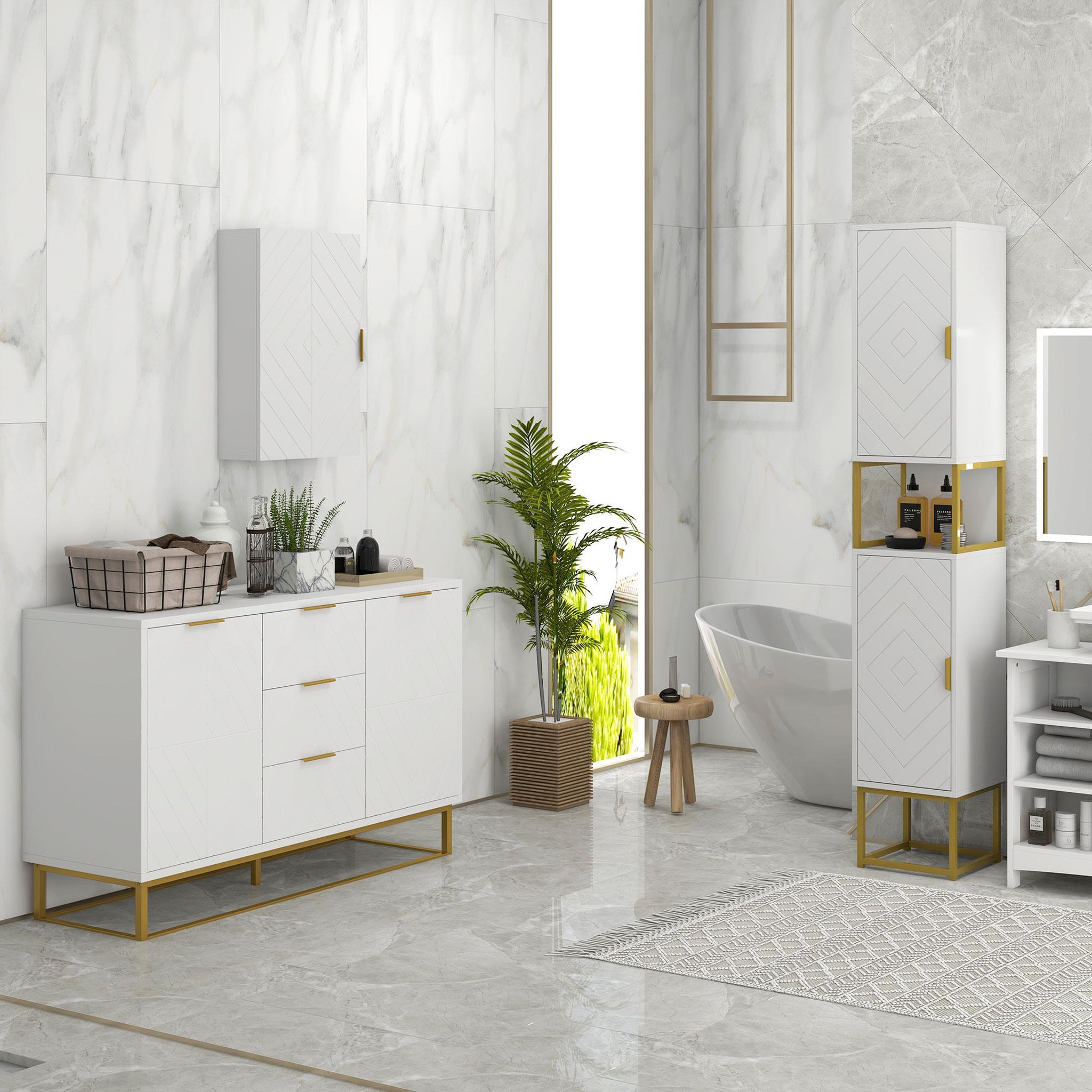 Voir la diapositive 2 : KLEANKIN Armoire murale de salle de bain - porte, 2 étagères - poignée métal doré mdf blanc
