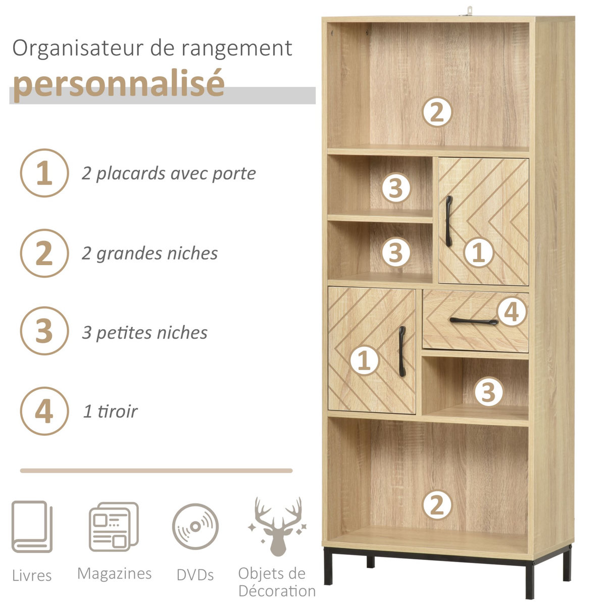 HOMCOM Biblliothèque 2 étagères 3 niches 2 placards + tiroir panneaux particules MDF chêne clair motif graphique métal noir