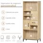 Voir la diapositive 4 : HOMCOM Biblliothèque 2 étagères 3 niches 2 placards + tiroir panneaux particules MDF chêne clair motif graphique métal noir