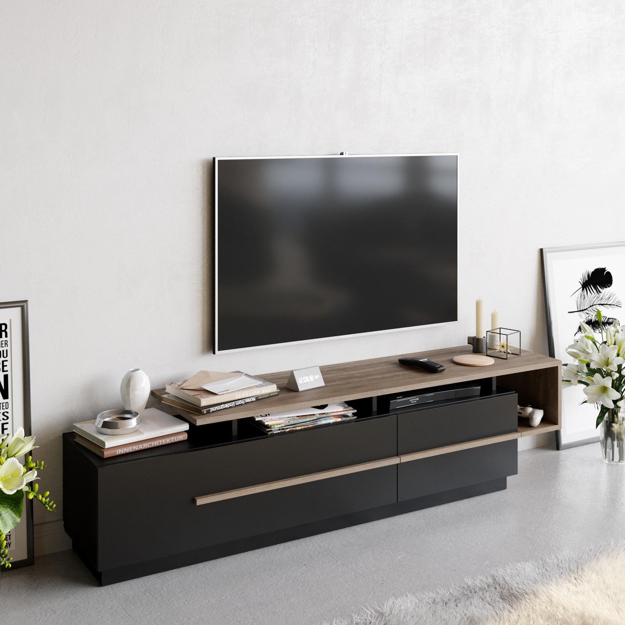 Voir la diapositive 2 : Habitat et Jardin Meuble tv en bois  basak  - 180 x 40 x 46 cm - noir